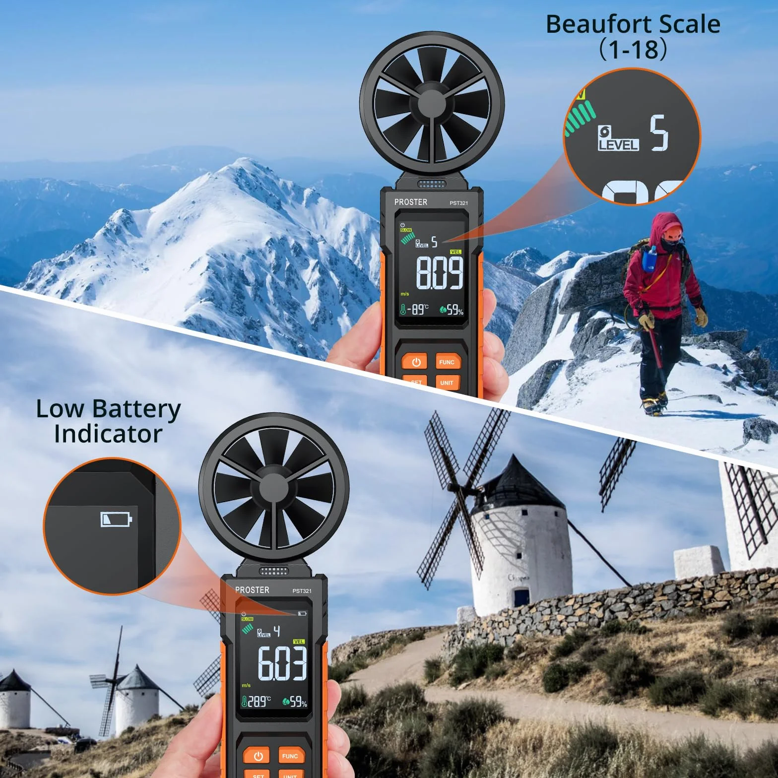 Proster Digitales Anemometer Windgeschwindigkeitsmesser（CFM CMM CMS）mit Farbdisplay und Hintergrundbeleuchtung – Luftvolumenmessgerät mit Lufttemperatur Test für Outdoor, Segeln, Schifffahrt