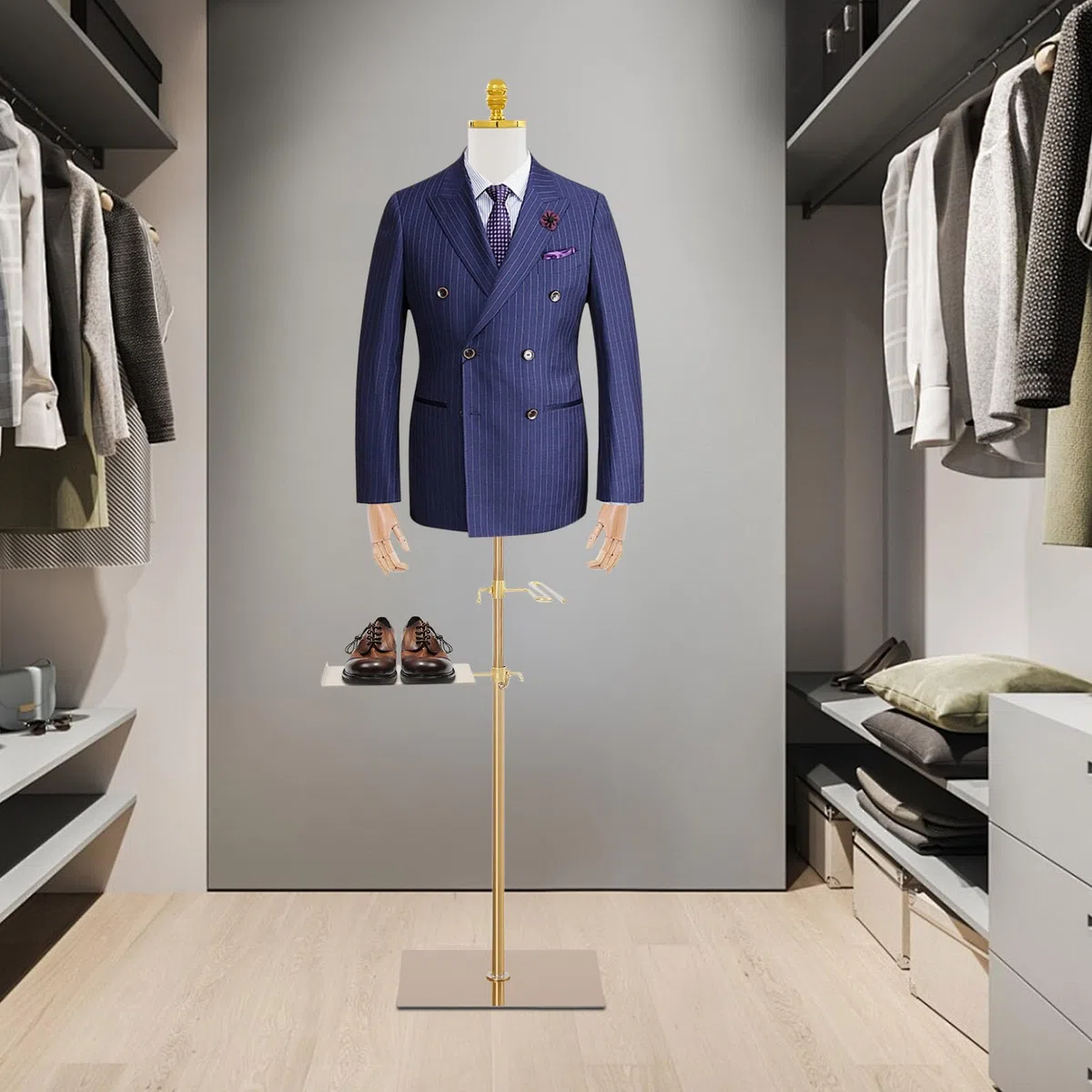 Schaufensterpuppe Männliche Verstellbare Höhe 70-130cm Mannequin Herren mit Holz Armen + Hosenständer + Schuhständer Kleiderform Verstellbarem Torso & Pose Kleiderpuppe für Boutiquen, Geschäfte