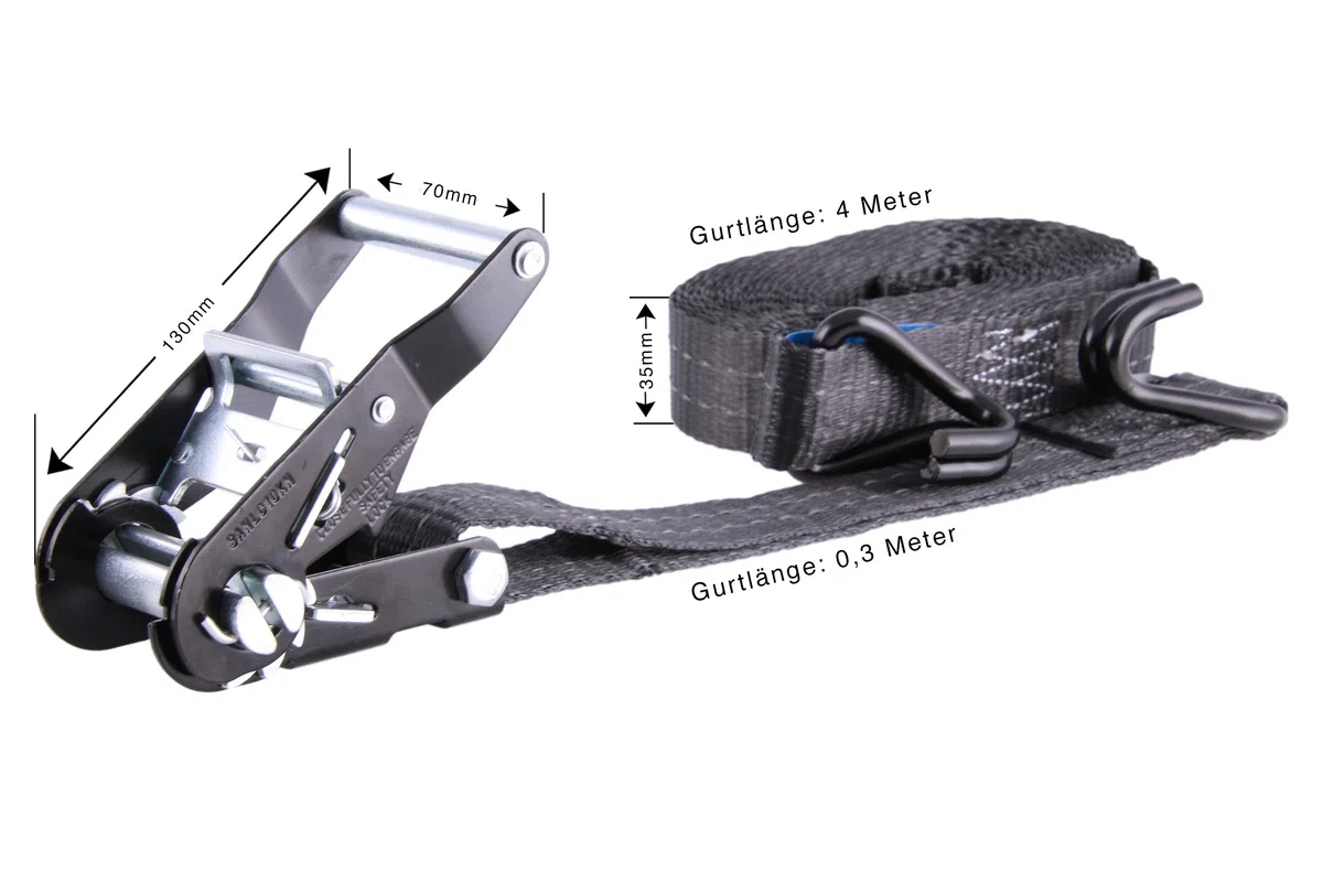 Sandax 2er-Set Spanngurte mit Ratsche, Haken & Reflektorstreifen, Zweiteilige Profi Zurrgurte belastbar bis 2000kg, 35mm breit, 4m (4 Meter) lang, Farbe Schwarz, Ratschenspanngurte/Ratschengurte