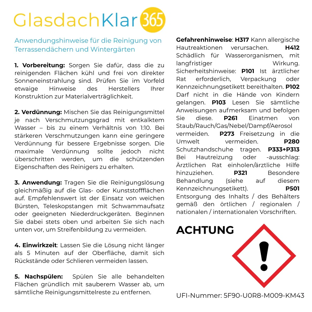 Glasdachklar365 Terrassendach- und Wintergarten Reiniger | Terassendach reinigen | Langanhaltender Schutz mit Nano-Versiegelung für Wintergärten 5 Liter