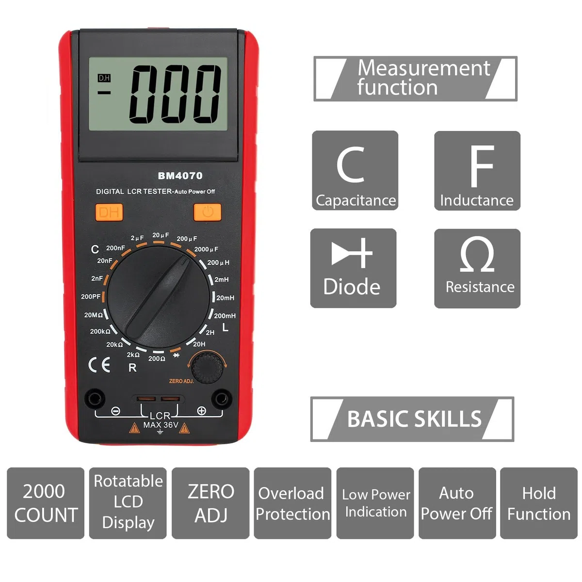 CMMWAY LCR Messgerät, Digitaler LCR Multimeter für Kapazitäts Induktivitäts Widerstand Diode Prüfen, LCR-Messgerät mit Umkehrbarer LCD Überspannung Anzeige, Krokodilklemme & Batterie