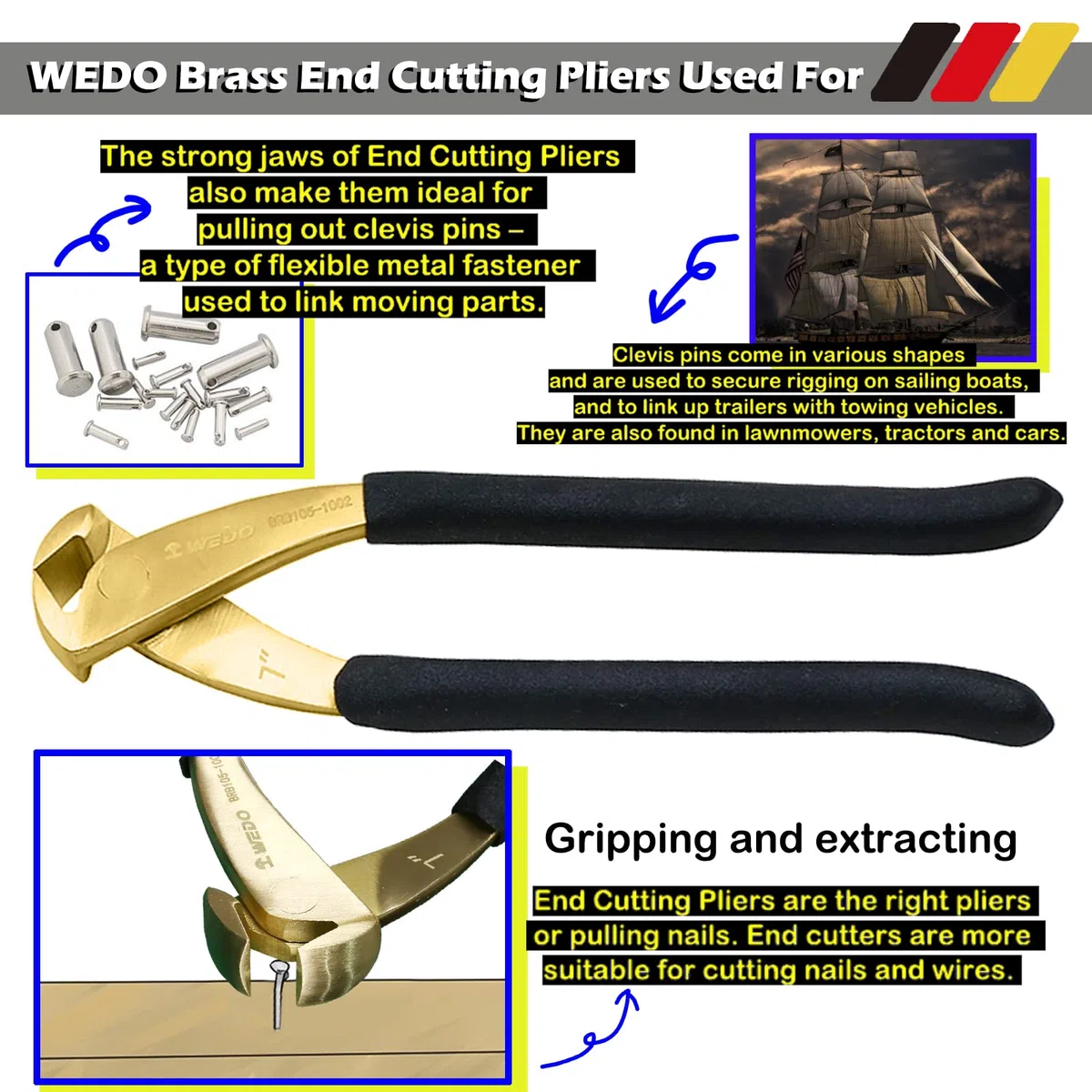 WEDO Messing Endschneidzange 7", Drahtschneider, Endschneidzange mit rutschfestem Griff, Drahtschneidzange