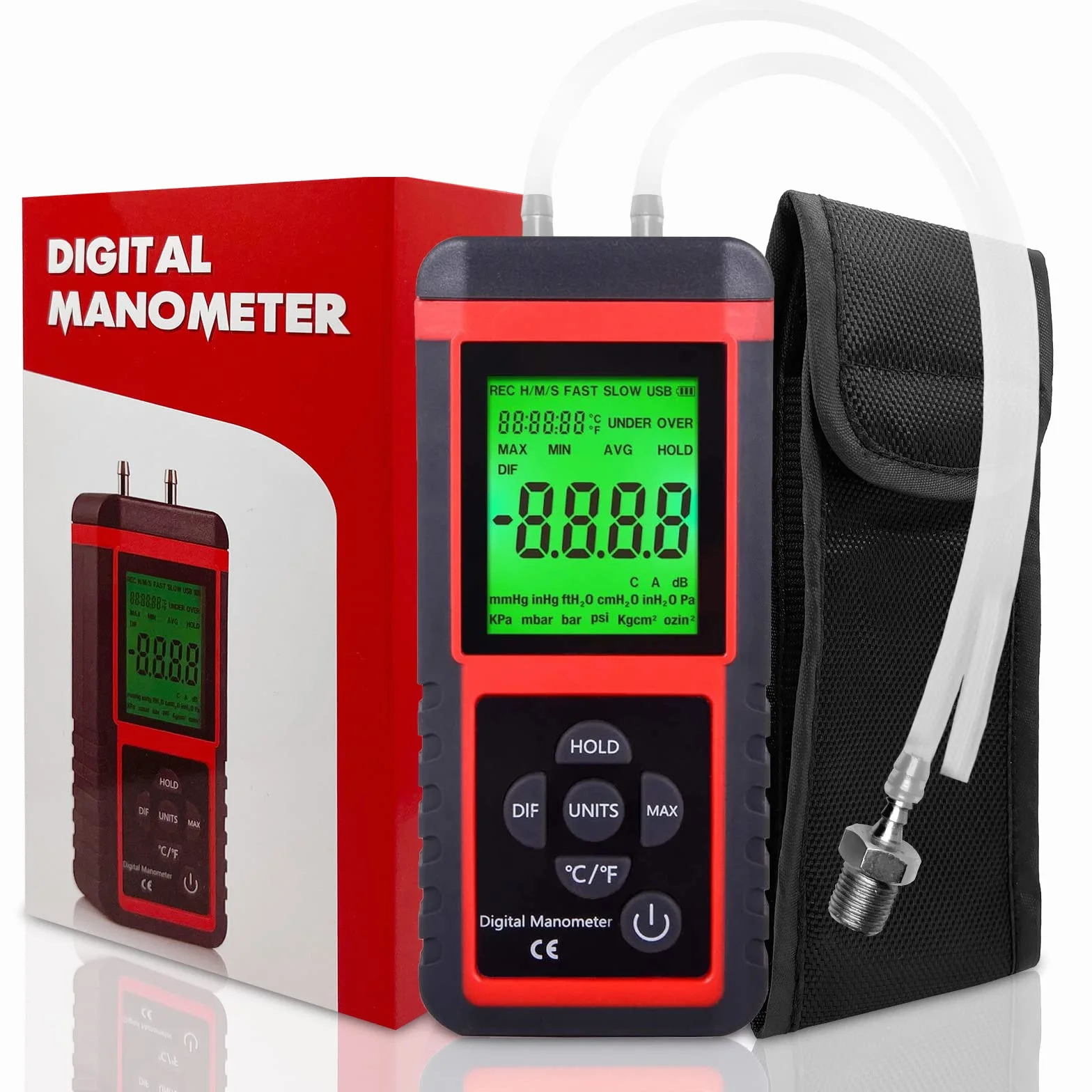 Ehdis Digital Manometer Luftdruck-Messgerät mit 32-Bit MCU 24-BitADC mit hoher Genauigkeit 12 Einheiten Speichern oder Halten