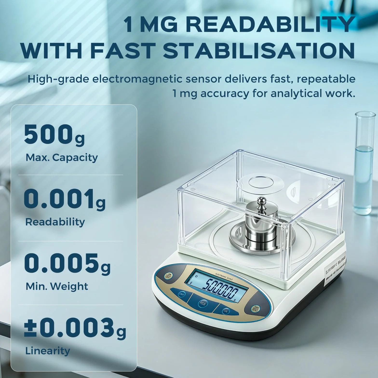 Bonvoisin Analysenwaage 500g/0,001g, Hochpräzise Laborwaage mit Windschutz, 1mg Ablesbarkeit, Edelstahlplatte, 13 Einheiten, Tara- & Zählfunktion, Werkskalibriert für Labor, Schmuck & Gold