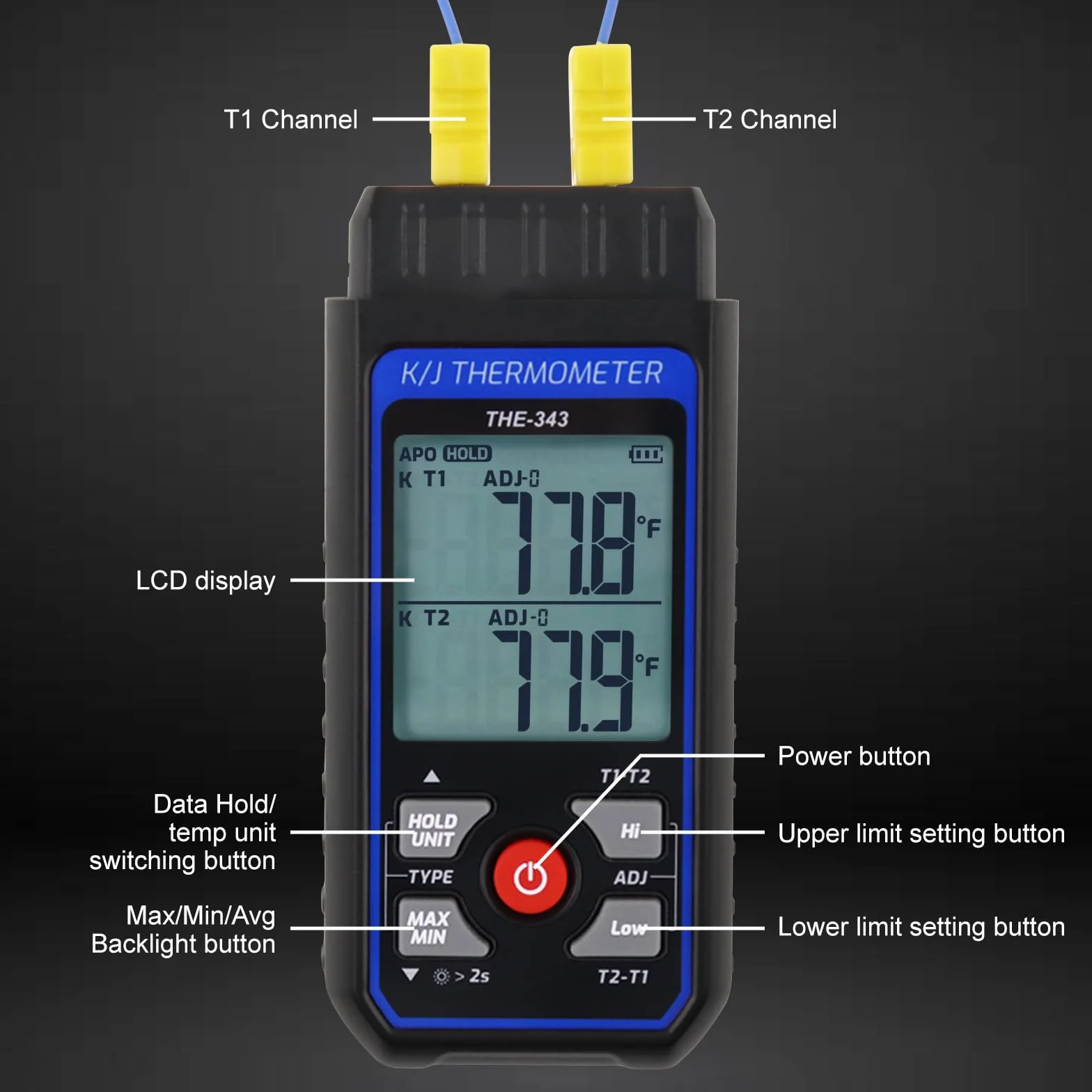 Thermoelement-Thermometer, digital, Typ K/J, mit 4 Thermoelementen vom Typ K, HVAC-Thermometer mit Alarm und Adj-Kompensation, Temperaturmessgerät, Messbereich -200 °C bis 1372 °C