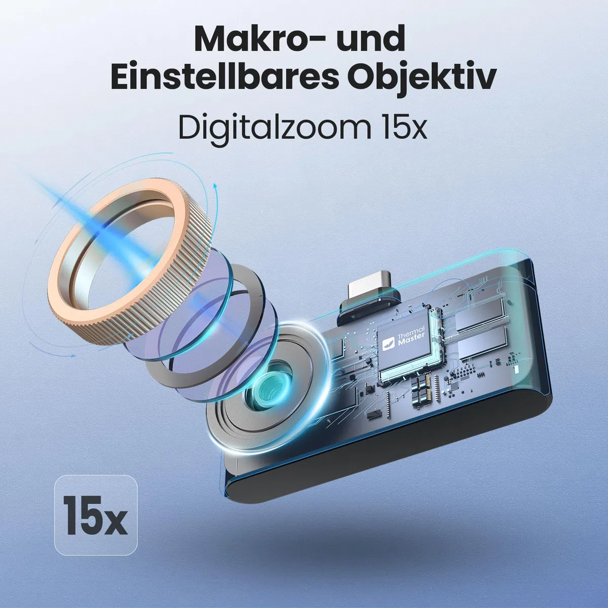 Wärmebildkamera P3 für iPhone und Android Infrarot Kamera Einstellbares Objektiv Super IR Auflösung 512x384, -20℃-600℃ Wärmebildkamera für PCB Inspektion, Schwarz