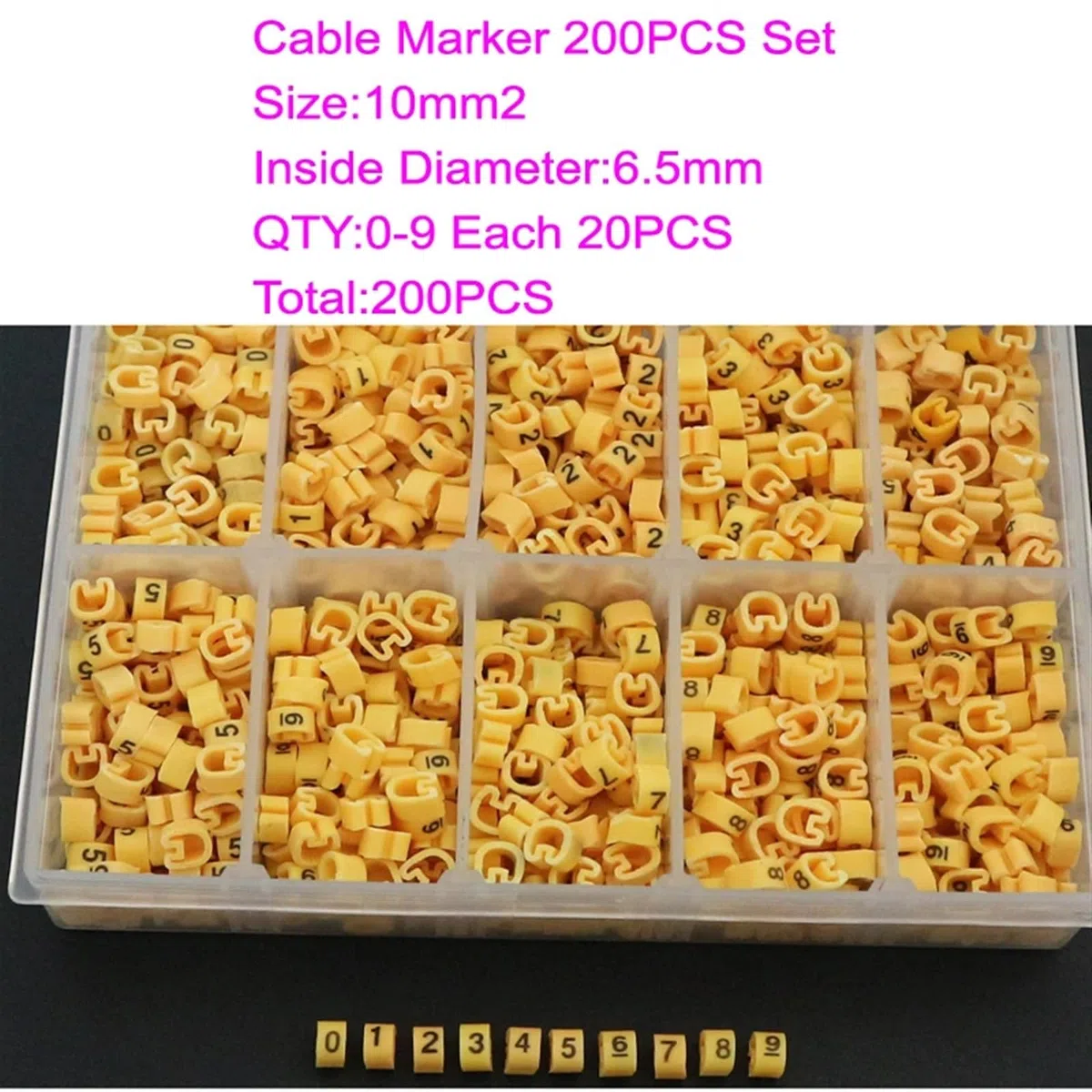Kabelbeschriftung 10 Gitter 0,5 0,75 1,0 1,5 2,5 4,0 6,0 10,0 16 25 35 mm2 PVC-Kabelmarkierungen, gelbe Pflaumenschläuche, 0–9, Verschiedene Nummern-Kits Kabel Beschriftung(10.0mm2 200PCS)