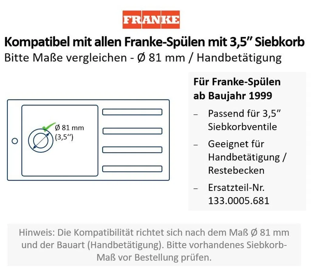 FRANKE Siebkörbchen Handbetätigung/Restebecken / 3 1/2 Zoll Siebkorb/ab Baujahr 99 / Ersatzteil Siebkörbchen