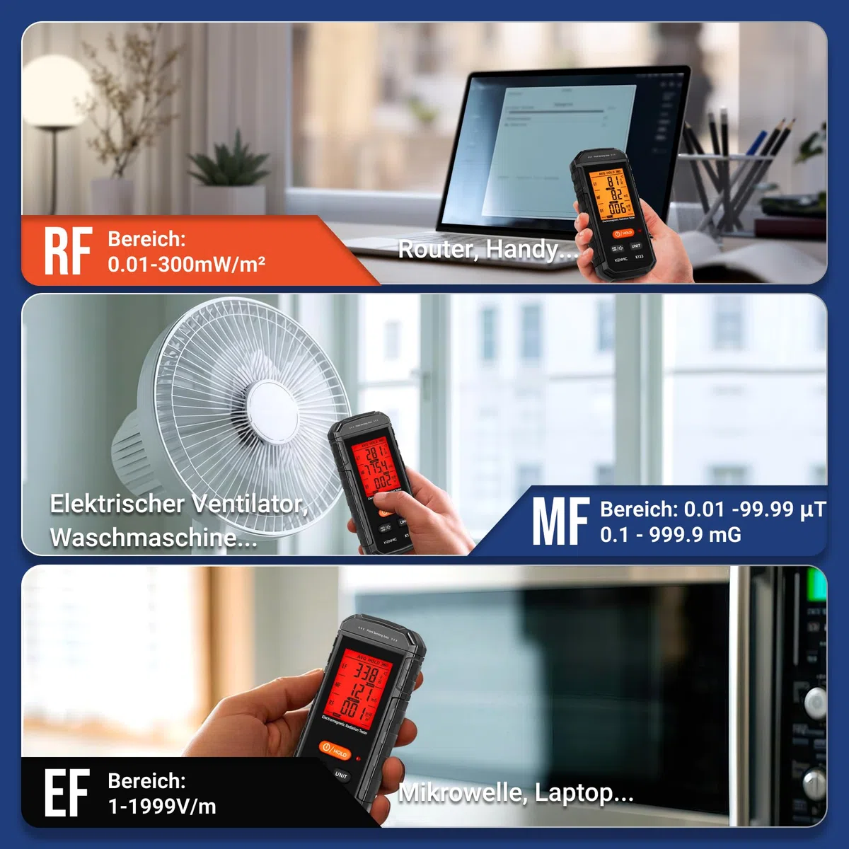 EMF Messgerät, 3-in-1 EMF Meter EF/MF/RF Tragbarer Elektromagnetischer Feld Strahlungs Detektor für EF, RF, MF, WiFi Signal, Passend für Zuhause, Büro EMF Inspektionen und Geisterjagd