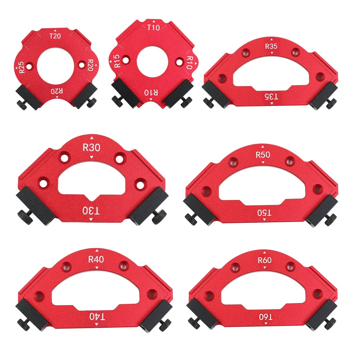 7 Stück Frässchablone Oberfräse, Aluminium Eckradius- Frässchablone Oberfräse für Holzbearbeitung, R10–R60 T10–T60, 3-in-1 Radius Jig für perfekte Innen, Außenrundungen & Fasen