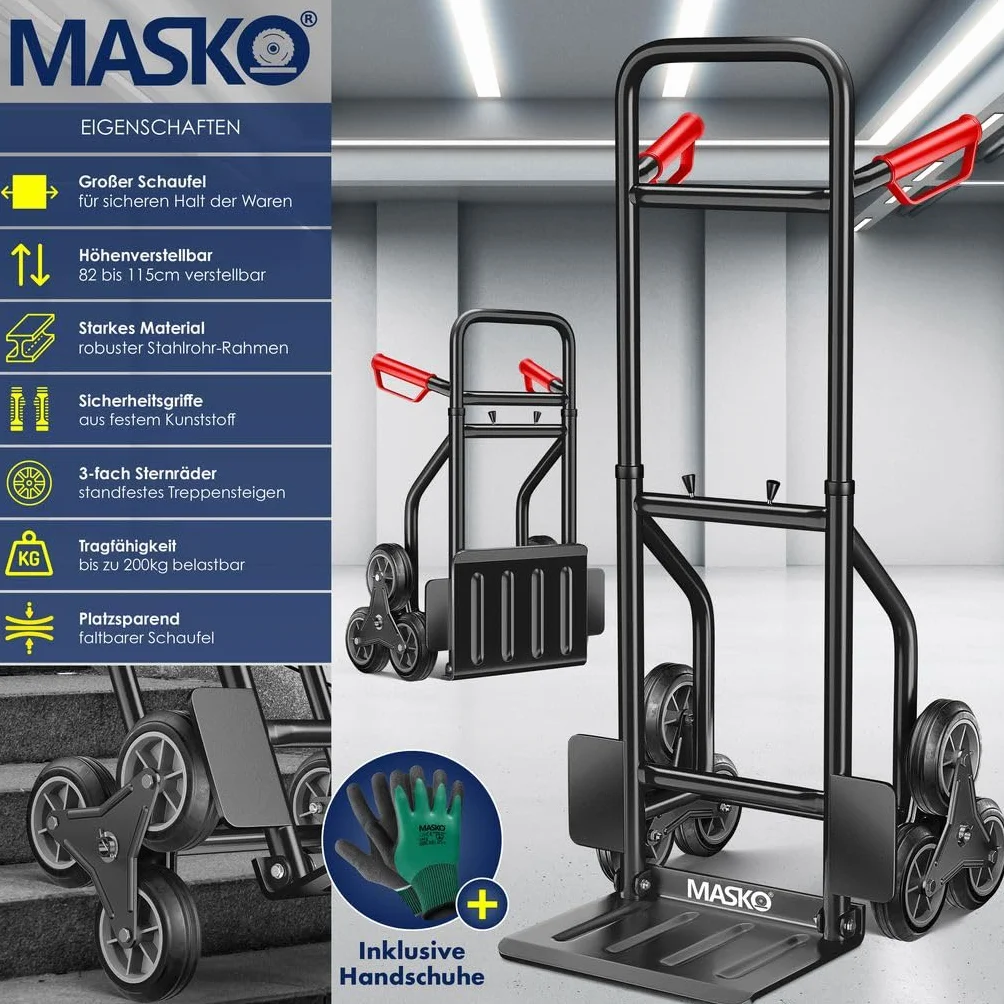 MASKO® Treppenkarre Sackkarre 200kg Transportkarre Treppensteiger Stapelkarre,klappbar Treppensackkarre Hartgummireifen| Kunststoff Griffe | Stahl Rahmen | 3-Fach Sternräder |Inkl. Handschuhe,Schwarz
