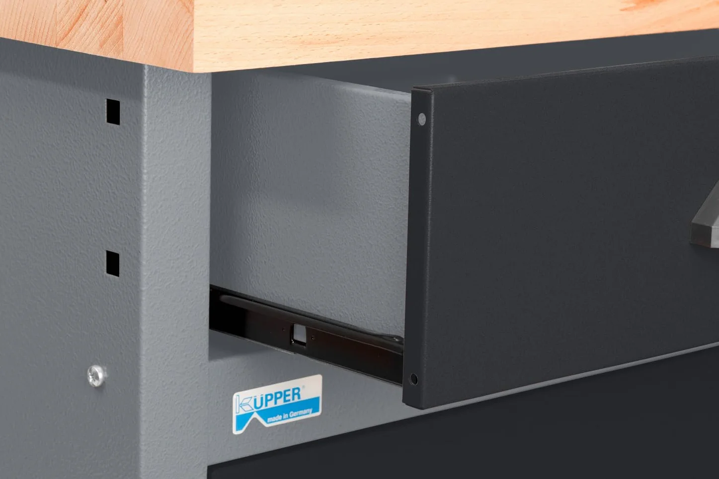 Küpper Werkbank 12179, 170x84x60 cm, 6 Schubladen, 2 Türen, 300 kg Traglast, 30 mm Massive Buchenarbeitsplatte (Schwarz, 170x84x60 cm)
