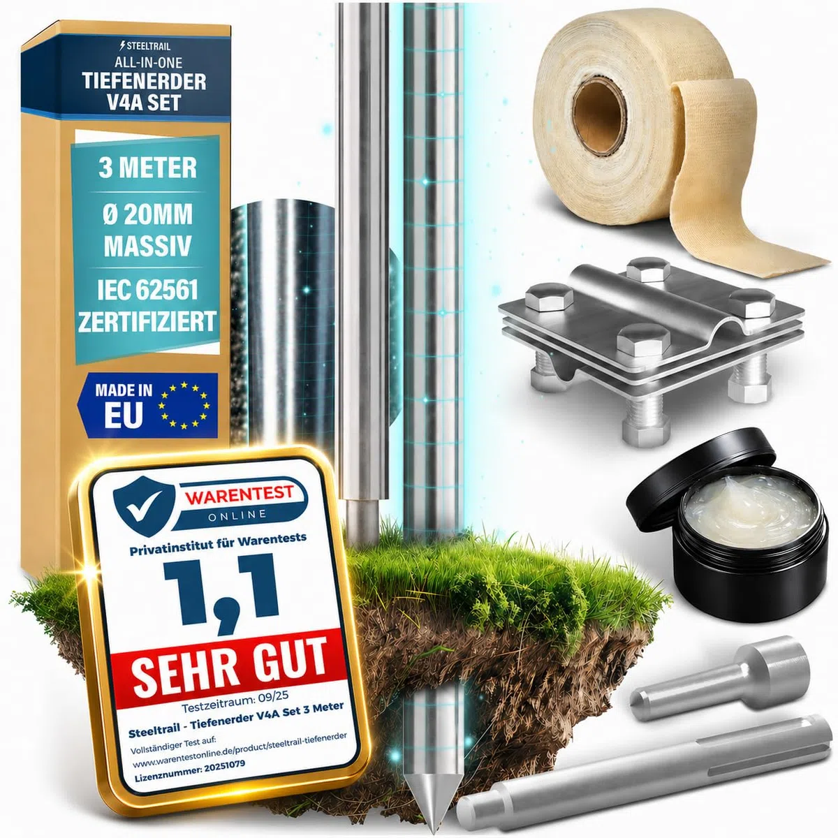 Tiefenerder V4A Set 3m-1,5m-4,5m-6m Erdungsspieß Staberder für PV Anlage Edelstahl 20mm inkl SDS-Max Einschlaghilfe, Erdungsklemme, Erdungsstab für Erdungskabel Blitzableiter Erdung Premium Steeltrail