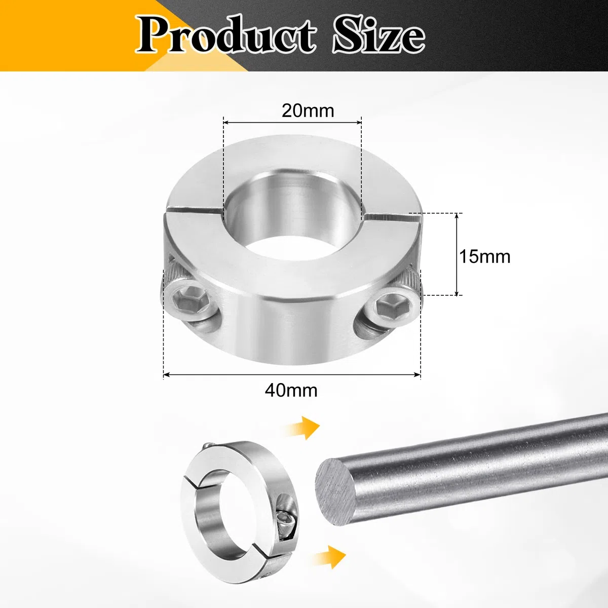 sourcing map Doppelter geteilter Schaftkragen, 20 mm Bohrung, zweiteiliger Spannkragen, 40 mm Außendurchmesser, 15 mm Dicke, 304 Edelstahl, Spaltmanschette, 2 Stück