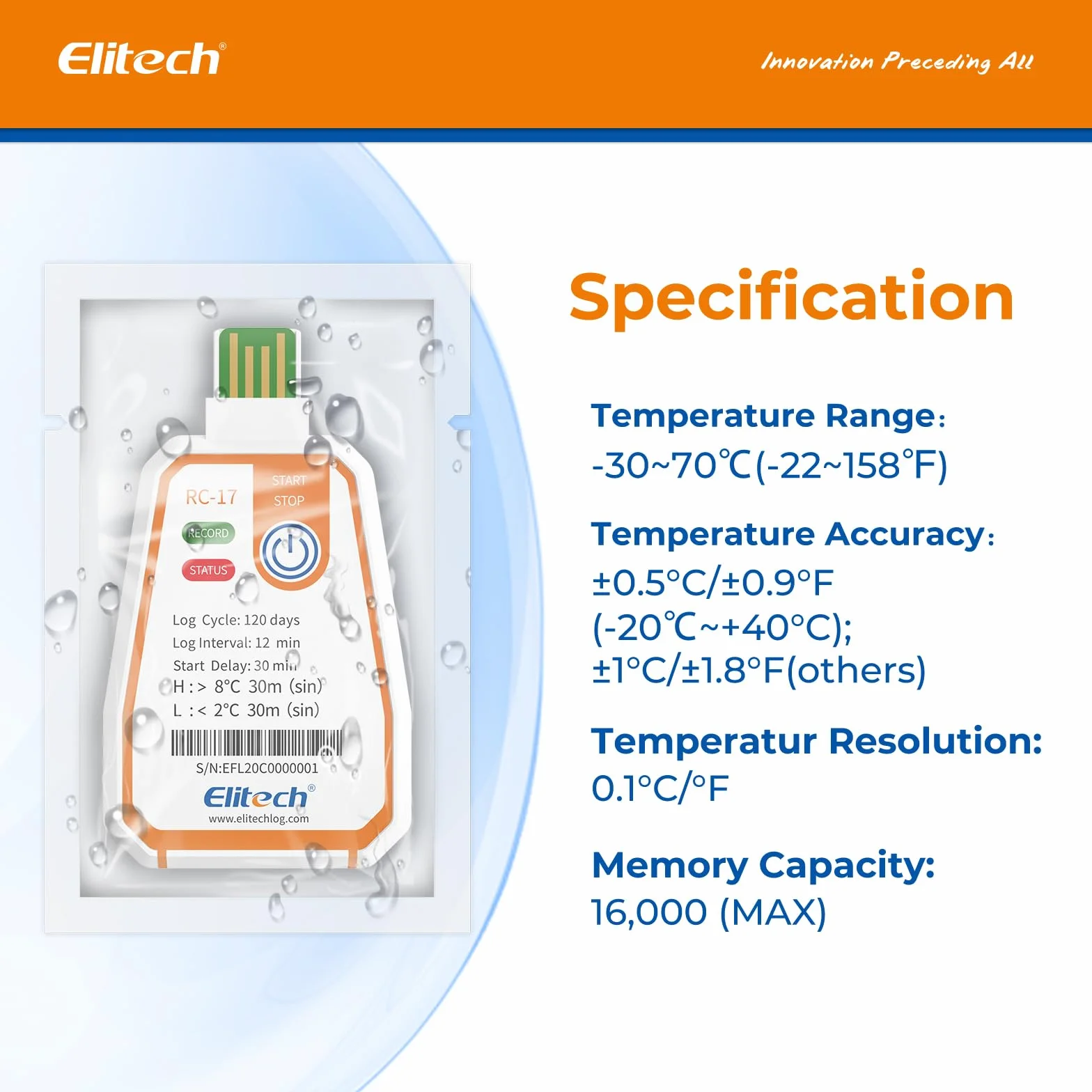 Elitech 10 Pack RC-17 Einweg-Temperaturlogger USB 180 Tage Daueraufzeichnung 16000 Datensätze für Lebensmittel Medikamente & Impfstoff-Kühlketten Alarmfunktion,IP67 Wasserschutz