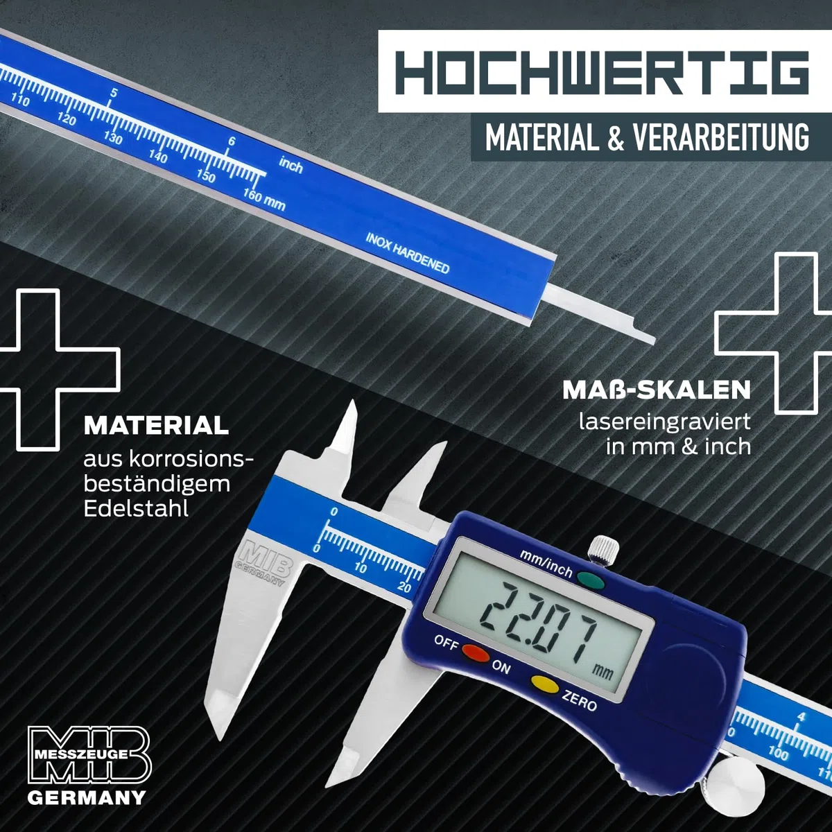 MIB Digitaler Messschieber mit Rolle DIN 862 150mm | Werkzeug für präzise Messungen | Messschieber digital aus Edelstahl | Schieblehre digital mit großem LCD-Display | 4-Fach Messung | Digital Caliper