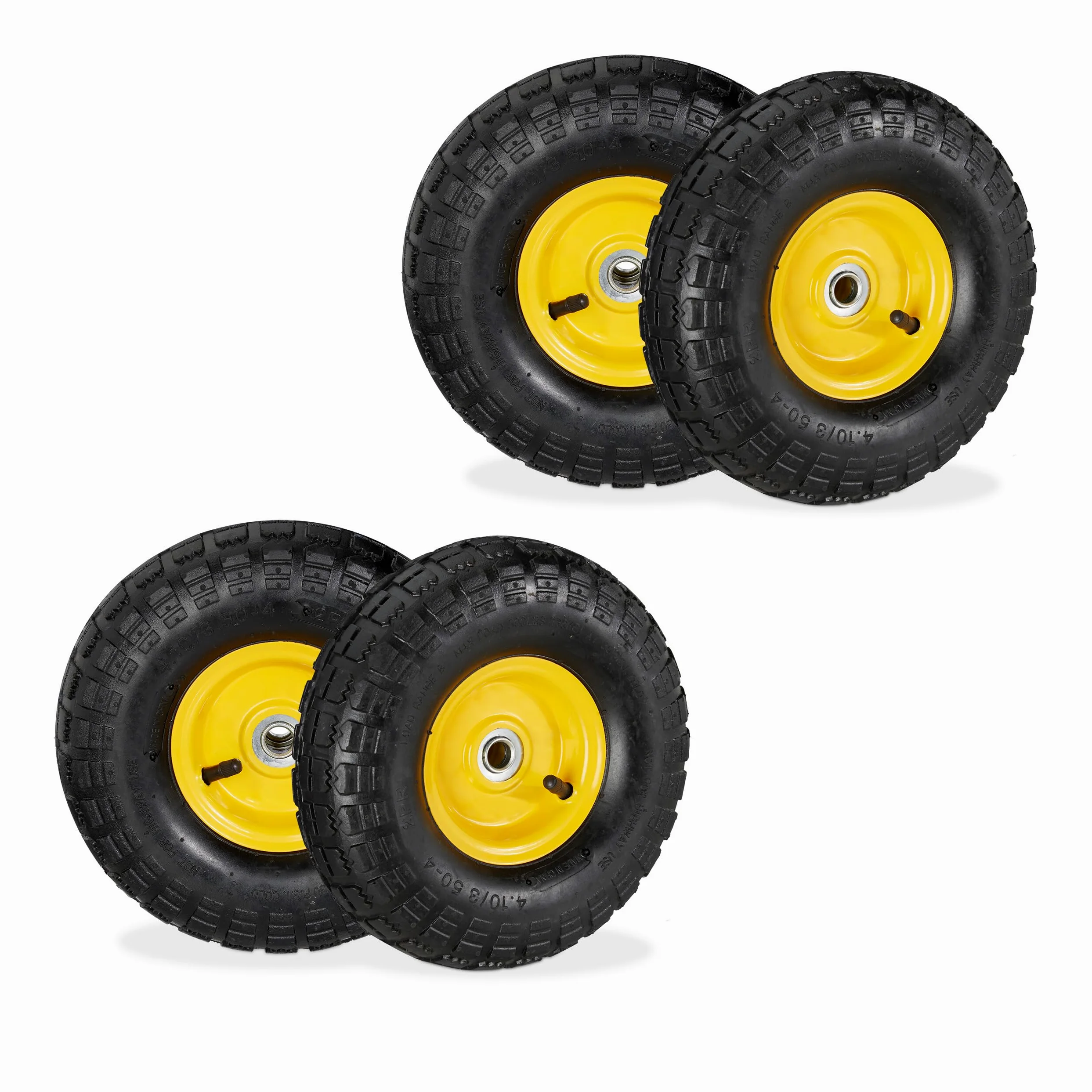 Relaxdays Sackkarrenrad 4er Set, 4.10 3.50-4, luftbereift, Stahlfelge, 136 kg, Schubkarrenrad, Ersatzrad, schwarz/gelb