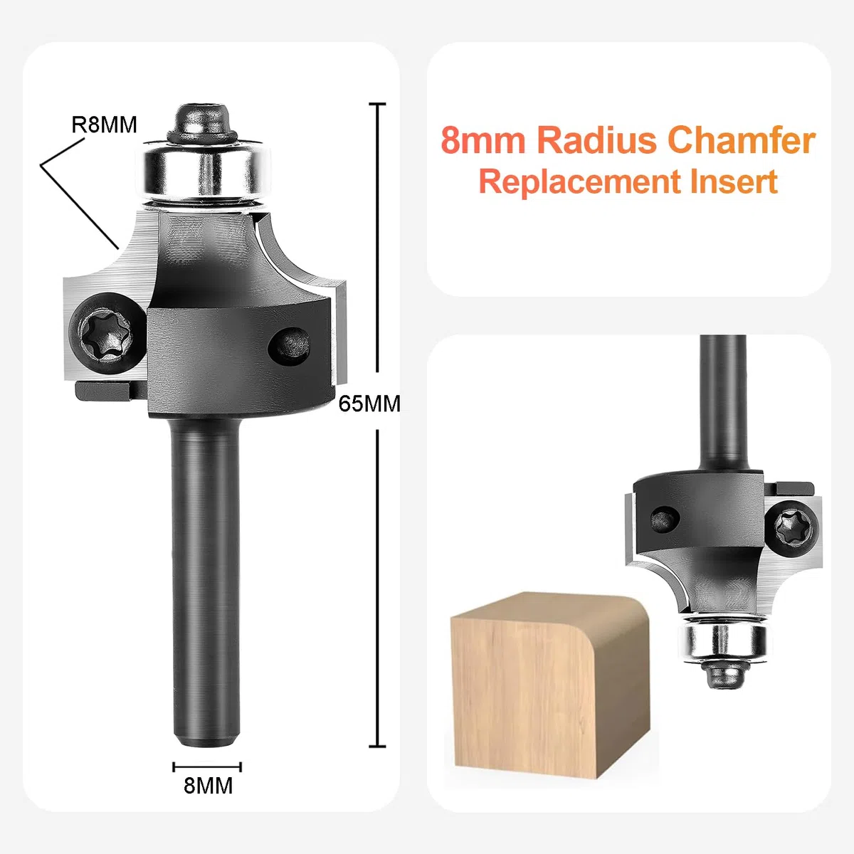 SpeTool Abrundfräser 8mm Schaft Wendeplatten Radiusfräser mit Kugellager Radius 8mm Austauschbare Fräser für Oberfräse CNC Rundfräser mit Hartmetall HW Wendemesser Fräskopf für Oberfräse für Holz