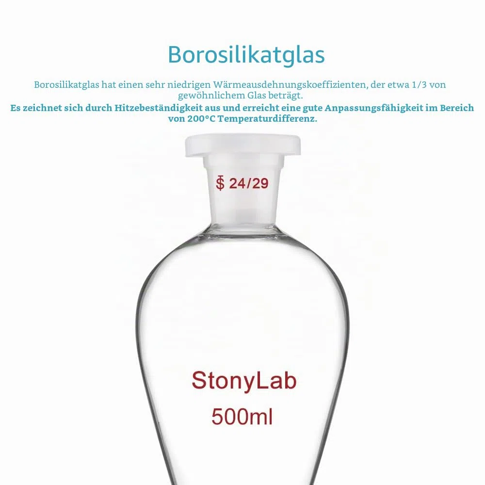 stonylab Scheidetrichter Glas, Borosilikatglas 500 ml Scheidetrichter Heavy Wall Conical Separatory Funnel Trichter mit Glas Absperrhahn 24/29 Gelenk und PTFE-Absperrhahn, 500 ml