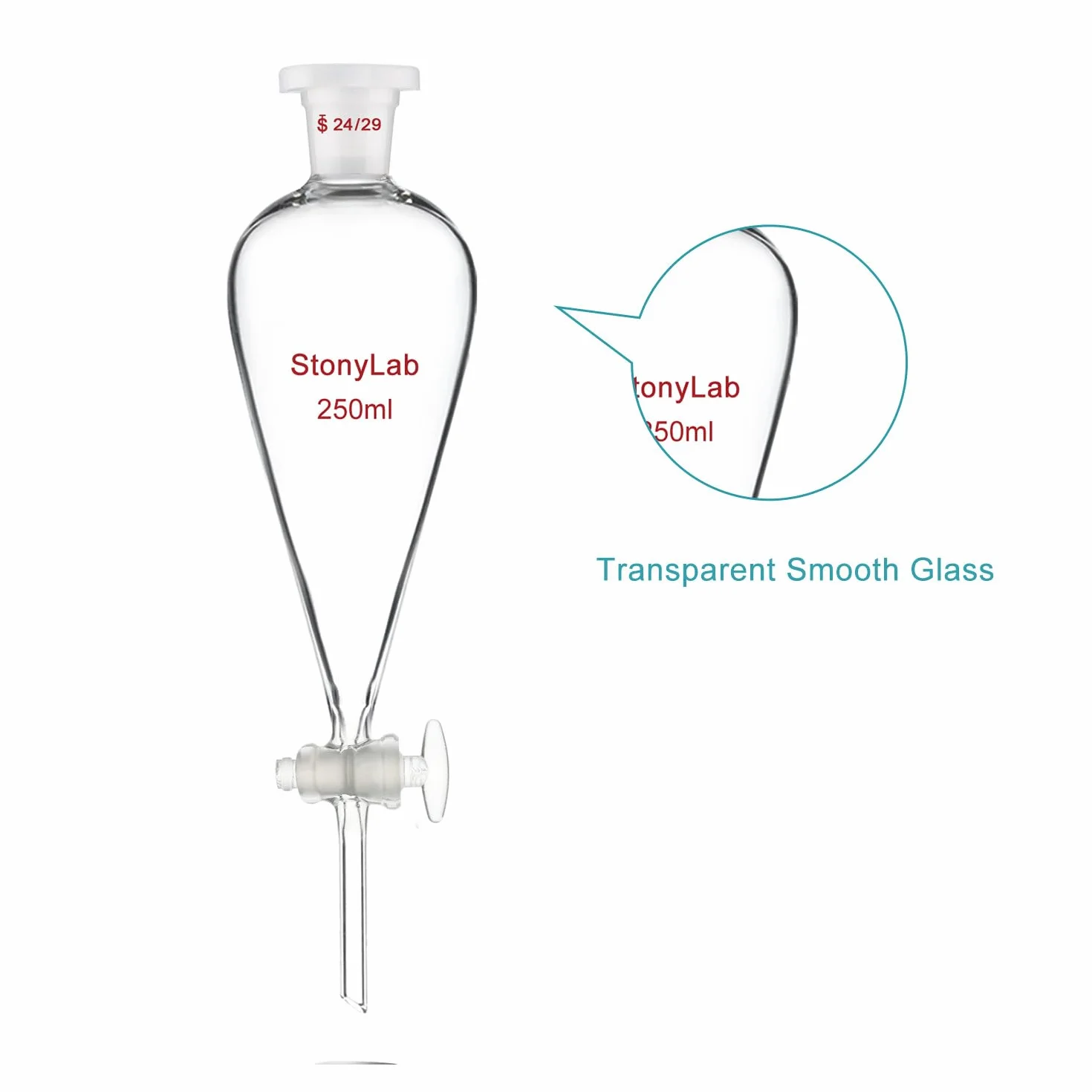 stonylab Scheidetrichter mit Glasabsperrhahn, Borosilikatglas 24/29 Schliff-Trichter für Präzise Flüssigkeitstrennung im Labor, 250 ml