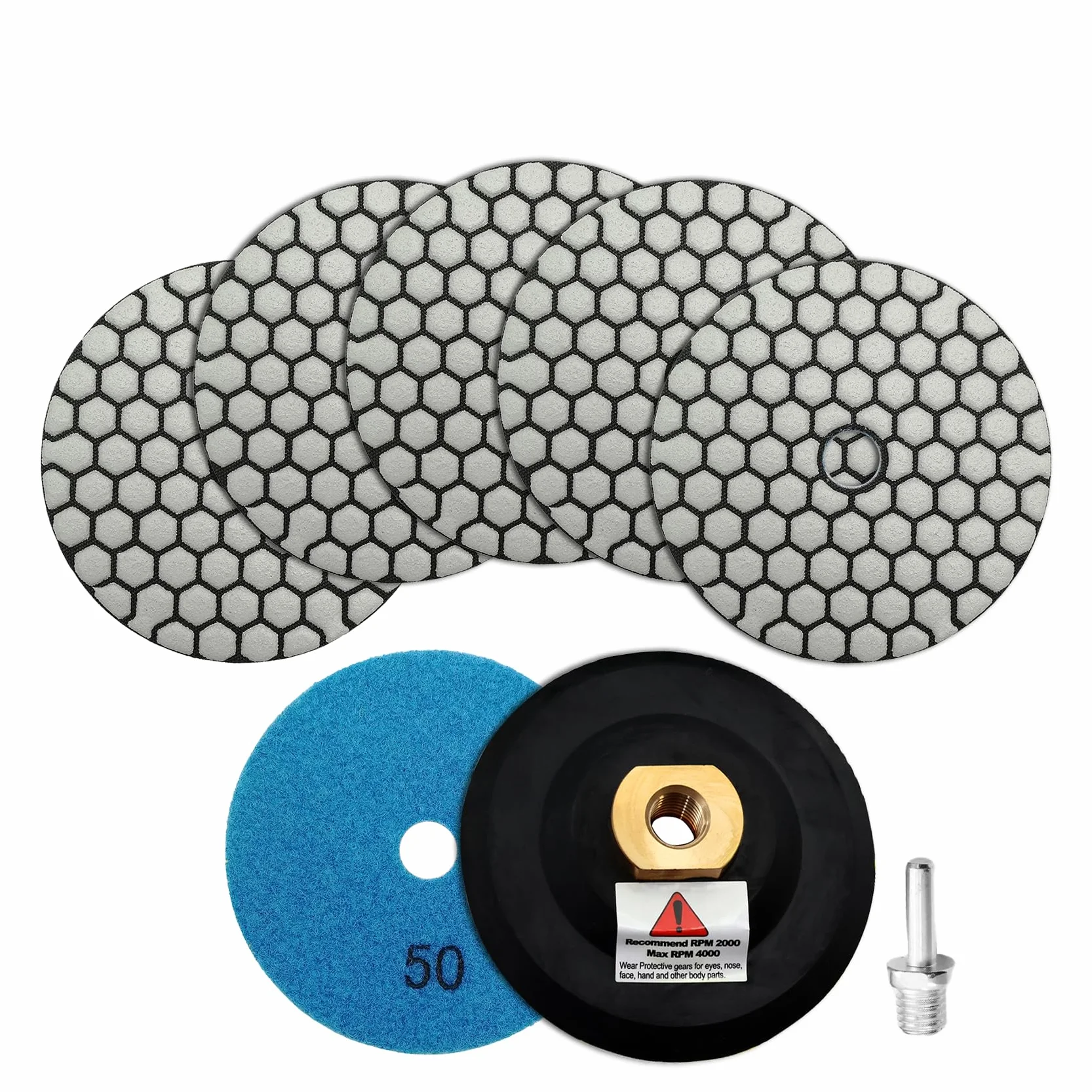 SHDIATOOL Trocken-Diamant-Polierpads Korn 50 6Stück und Gummi Backer Pad (1Set) Mit Rundschaft 100MM Beton Diamantschleifscheiben Marmor Granit Stein polieren