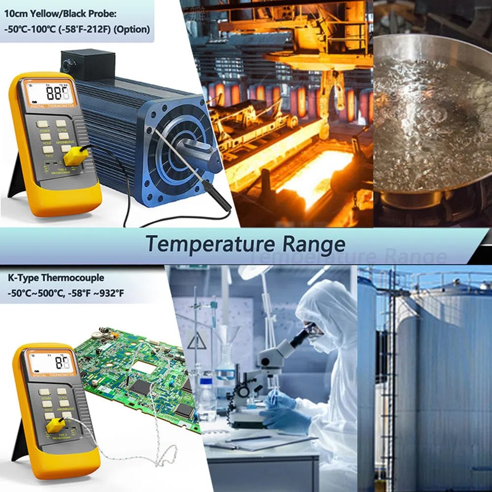 ThreeH Zweikanal-Digitalthermometer Handmessgerät für hohe Temperaturen mit Kelvin-Skala und 4 Fühlern für -50~1300°C (-58~2372°F)