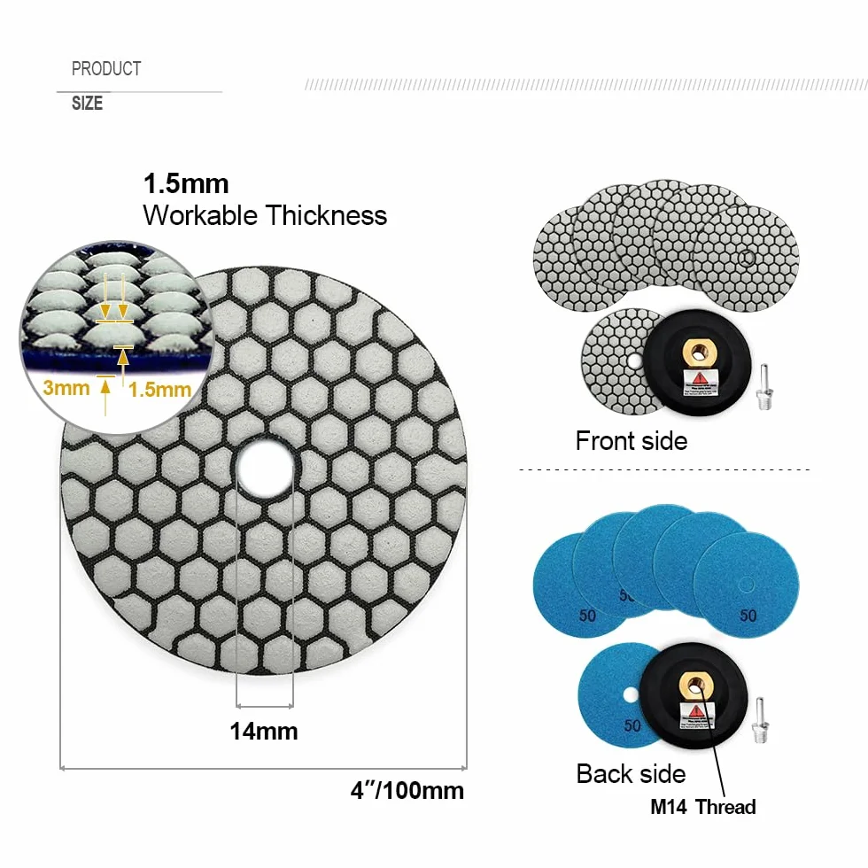 SHDIATOOL Trocken-Diamant-Polierpads Korn 50 6Stück und Gummi Backer Pad (1Set) Mit Rundschaft 100MM Beton Diamantschleifscheiben Marmor Granit Stein polieren