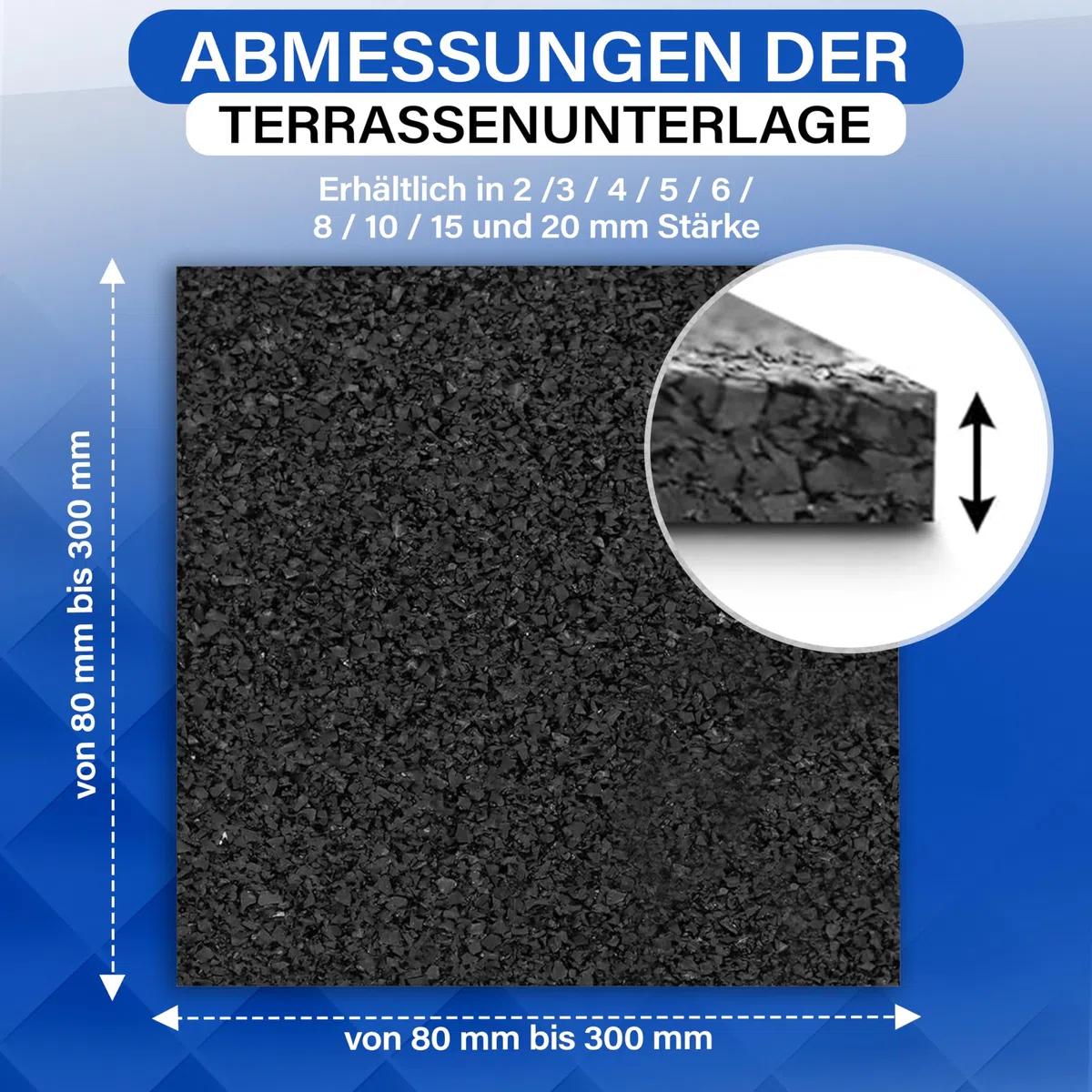 Gummimattenprofi 20 mm x 90 mm x 90 mm 100 Stück Terrassenpads Gummiunterlage Bautenschutzmatte | Gummigranulatmatte für Oberflächenschutz | Unterkonstruktion WPC, Fliesen, Dielen