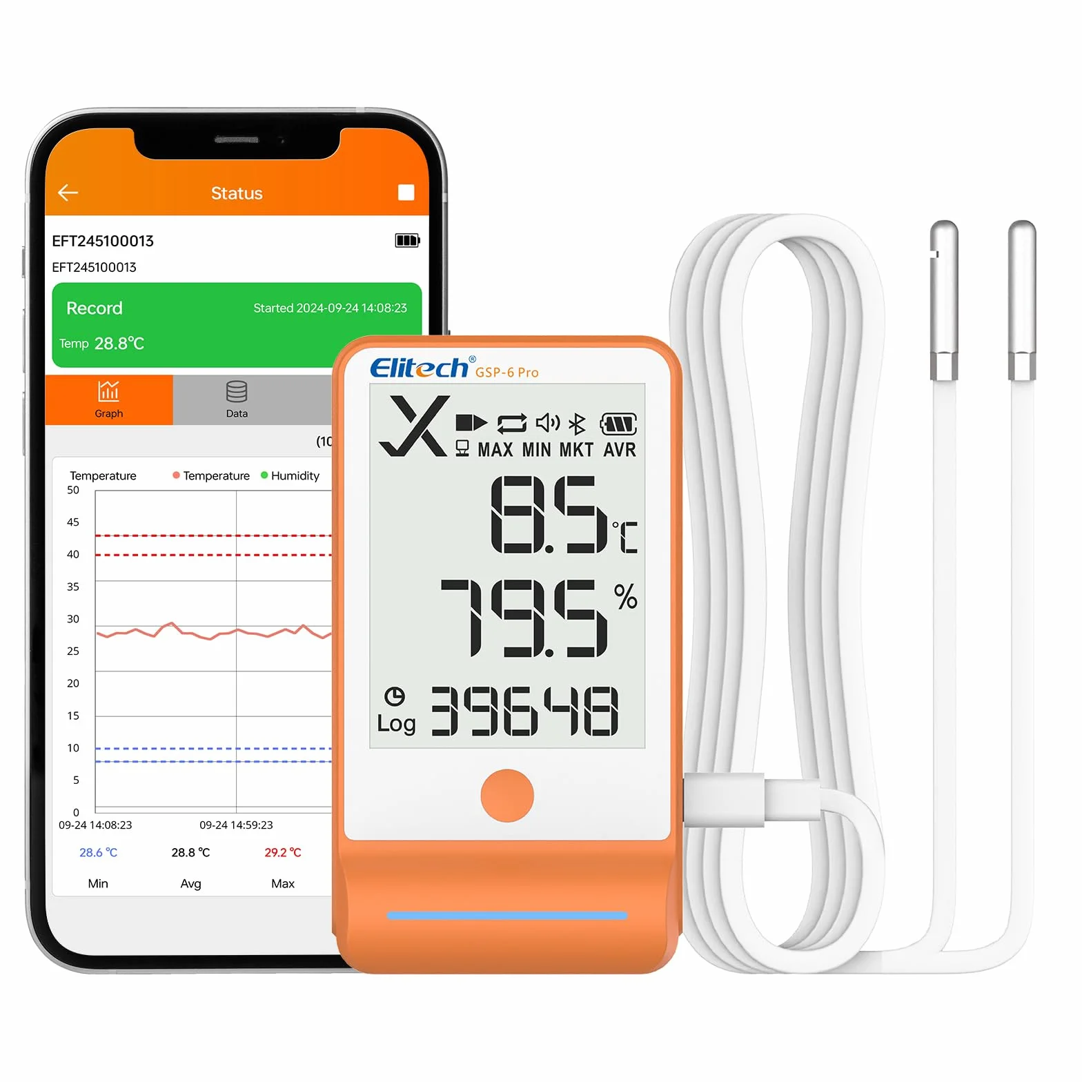Elitech GSP-6 Pro-TE+THE Temperatur Datenlogger,Temperatur- und Luftfeuchtigkeits-Datenlogger, Große Speicherkapazität, Externer Sensor, Alarmfunktion, Kostenlose Datenexport-Software