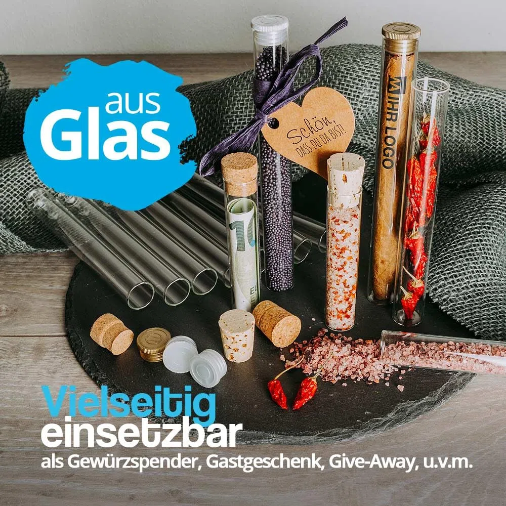 Tuuters Glas Reagenzgläser mit flachem Boden und Korken (100 x Ø 20mm) | 20ml Reagenzglas mit Naturkorken zum Hinstellen - Ideal als Gastgeschenk, Gewürzglas, für Blumensamen oder Geldgeschenke