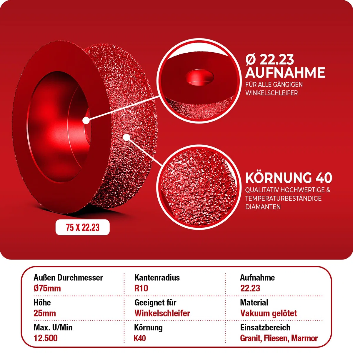 Diamant Außen Kantenfräser Ø 75 mm x 22,23 R10 - Premium Qualität zum Abrunden von harten Fliesen, Granit u.v.m - Abrundfräser für hochwertige Präzise Ergebnisse - Radiusfräser 75mm R10