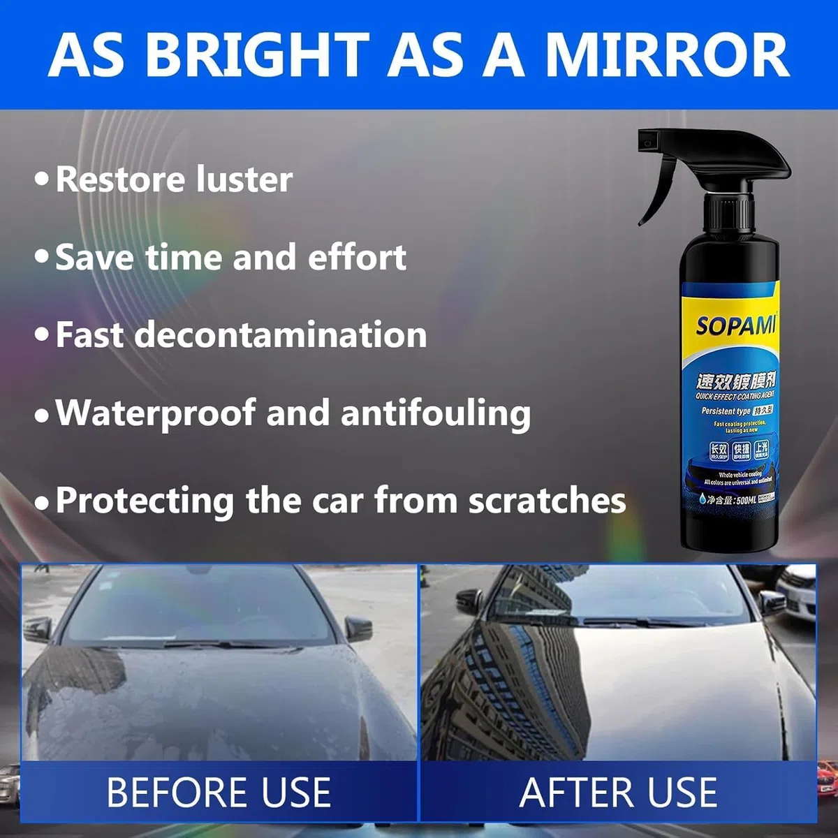 Sopami Car Coating Spray,Quick Effect Coating Agent,Sopami Quickly Coat Car Wax,Car Scratch Wax Polish Spray Waterless Wash,Sopami Oil Film Emulsion Glass Cleaner (2Pcs)