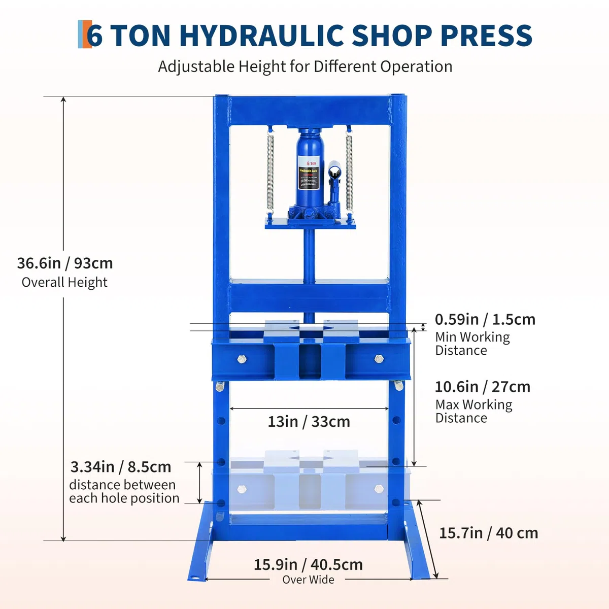 6T Hydraulikpresse H-Rahmen – Höhenverstellbarer Arbeitstisch mit Pressplatten – Metallbearbeitung, Lager-/U-Gelenk-Montage, Biegen, Richten – Industrie & Werkstatt, Blau