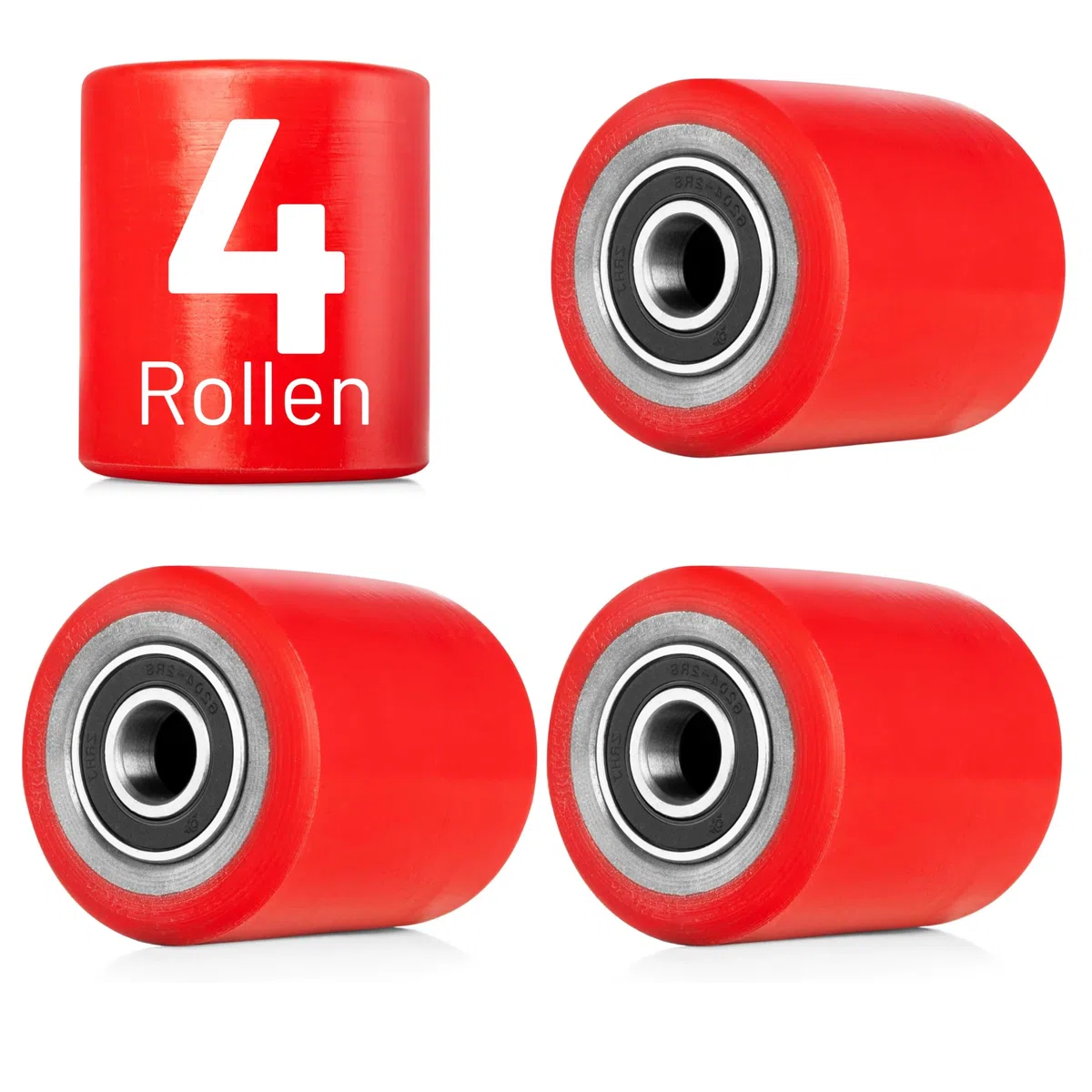 4 Stück Lastrolle Polyurethan (PU) rot 80x70 mm Achse 20mm Laufrolle Rad Hubwagen Rollen inkl. Kugellager Gabelhubwagenrolle Hubwagenrollen
