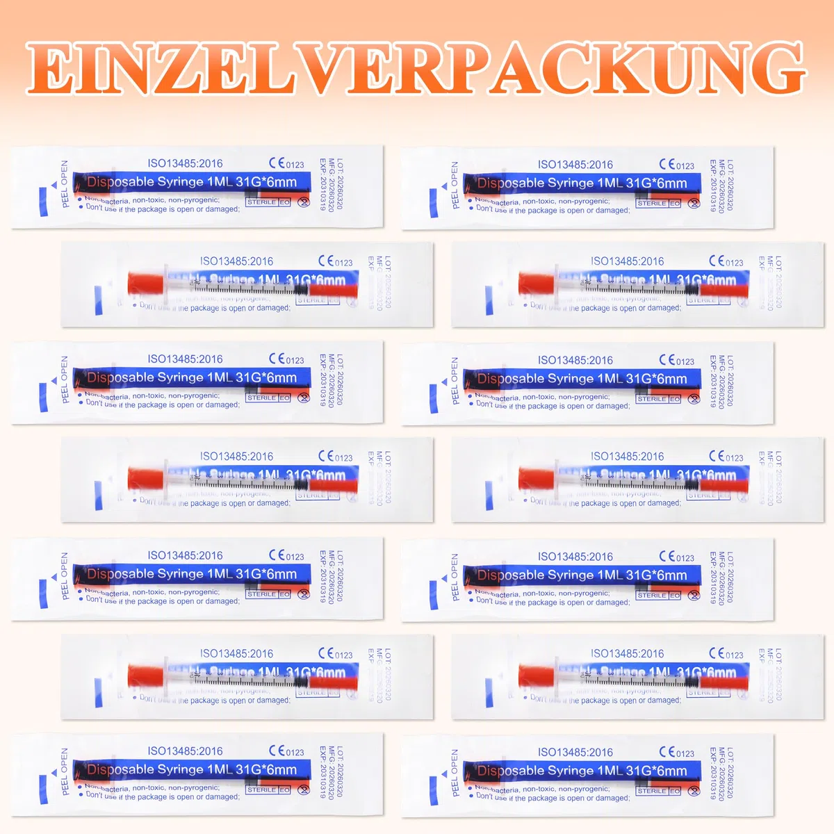 100 Stück 1ml Plastiktube 31G*6mm, Spritze mit Skala für Flüssigkeitstrennung, Einzeln Verpackt, Kunststoff Mehrzweck-Messwerkzeuge Laborzubehör für Tierpflege, Labor, Industrie