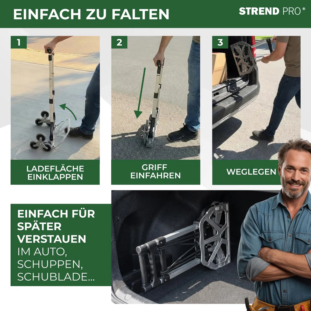 STREND PRO Sackkarre Treppensteiger 80kg | Klappbare Treppenkarre mit 3-Rad-System | Robuste Transportkarre für Treppen & Stufen | Handkarre Höhenverstellbar & Kompakt