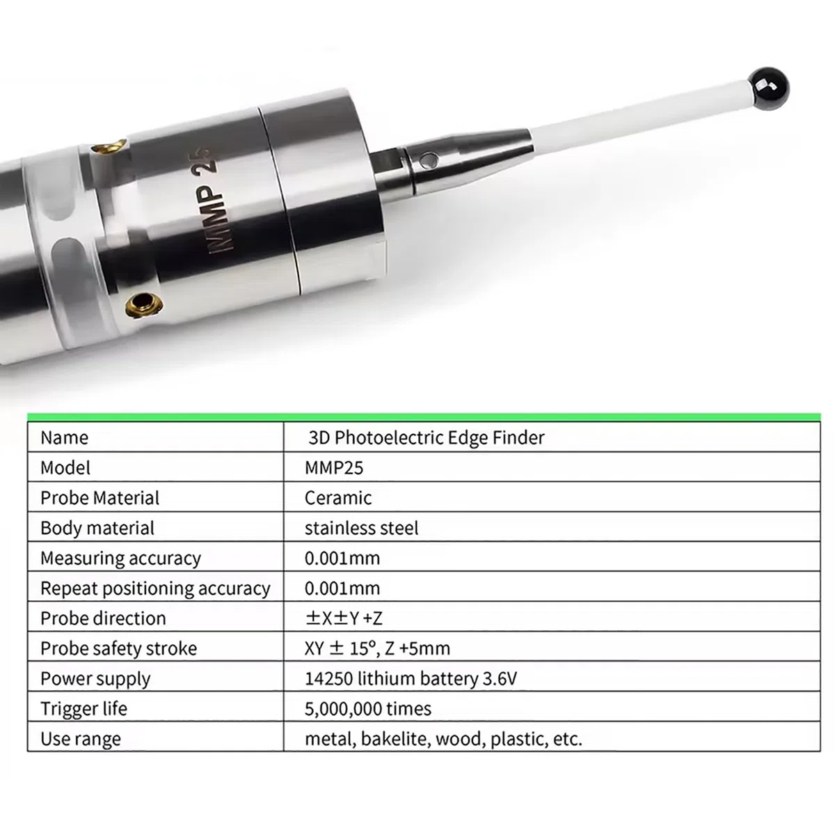 RATTMMOTOR Kantentaster,3D-Photoelektrischer Kantensucher, 3D-Taster CNC Messtaster Edge Finder MMP25, hohe Präzision 0,001mm mit LED glühen und Piep für CNC-Maschine