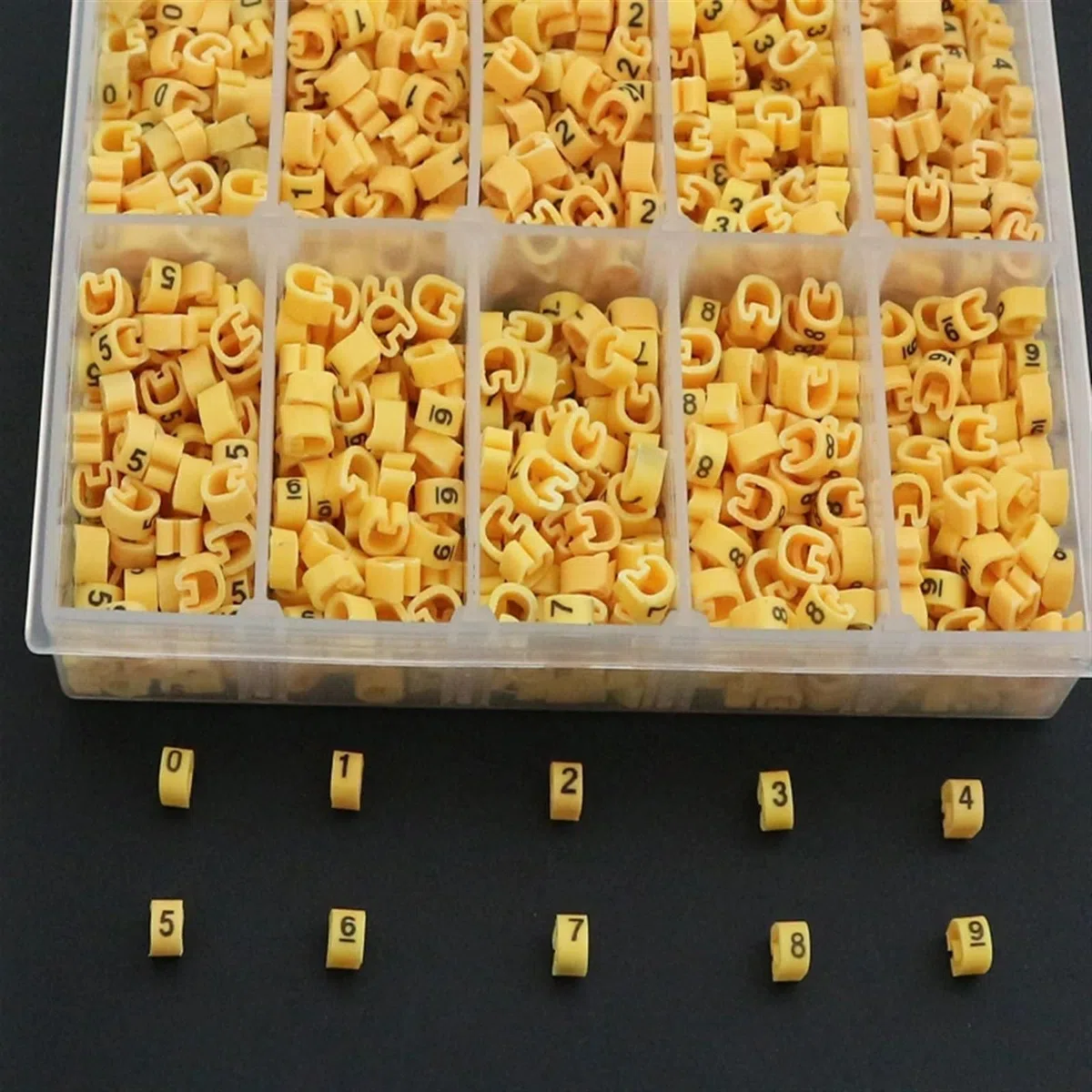 Kabelbeschriftung 10 Gitter 0,5 0,75 1,0 1,5 2,5 4,0 6,0 10,0 16 25 35 mm2 PVC-Kabelmarkierungen, gelbe Pflaumenschläuche, 0–9, Verschiedene Nummern-Kits Kabel Beschriftung(10.0mm2 200PCS)