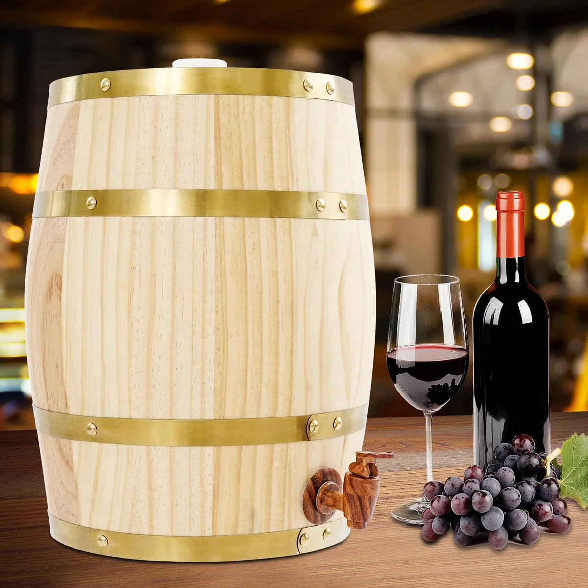 Weinfass aus Kiefernholz, 10L Vertikal Whiskyfass Schnapsfass Bierfass, Holzfass mit Zapfhahn zur Aufbewahrung von Whisky, Rum, Brandy, Tequila, Wein und Bier, 26x33cm