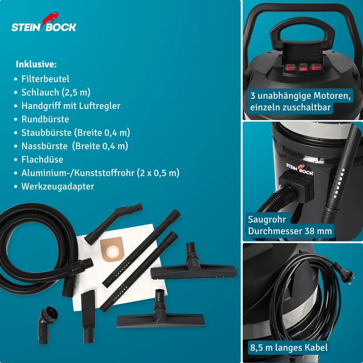Steinbock Industriesauger nass & trocken| 3.300 Watt | 72 l Fassungsvermögen | mit 3 leistungsstarken Motoren | Für Flüssigkeiten, Feinstaub und groben Schmutz |Kippfahrgestell | Kunststofftank