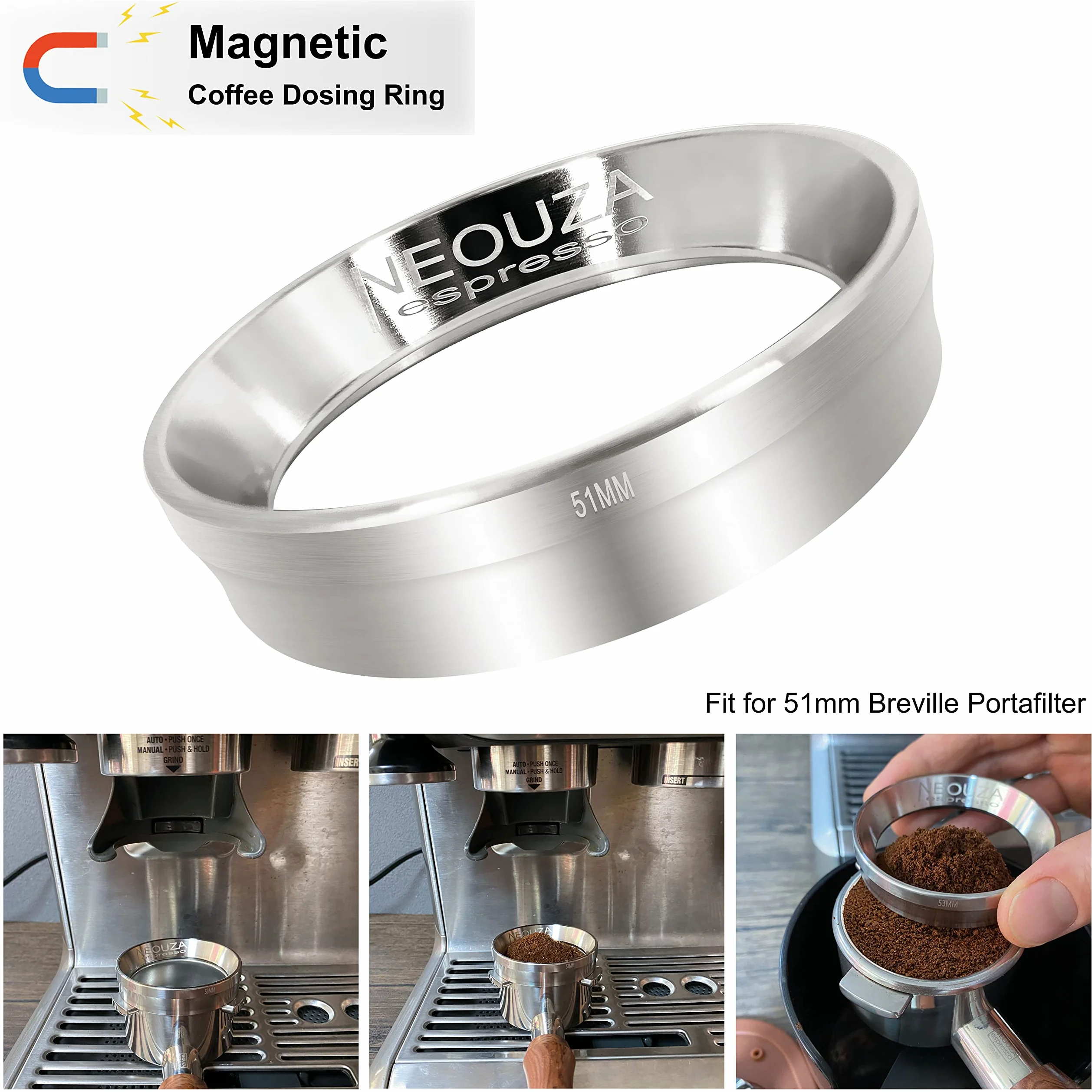 NEOUZA Espresso-Dosiertrichter, Ring, Edelstahl, kompatibel mit Kaffeemaschinen-Siebträger für das Stampfen (51 mm)