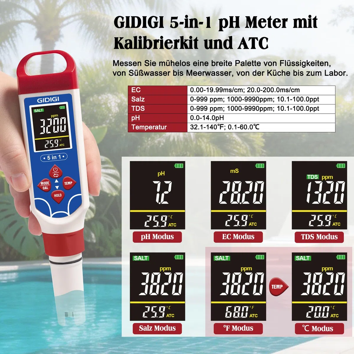 Digitales Schwimmbad-Salzgehaltsmessgerät, 5-in-1 pH- und TDS-Messgerät, geeignet für Meerwasser-Schwimmbäder, ausgestattet mit Kalibrierkit, Salzgehaltsmessgerät für Meerwasseraquarien