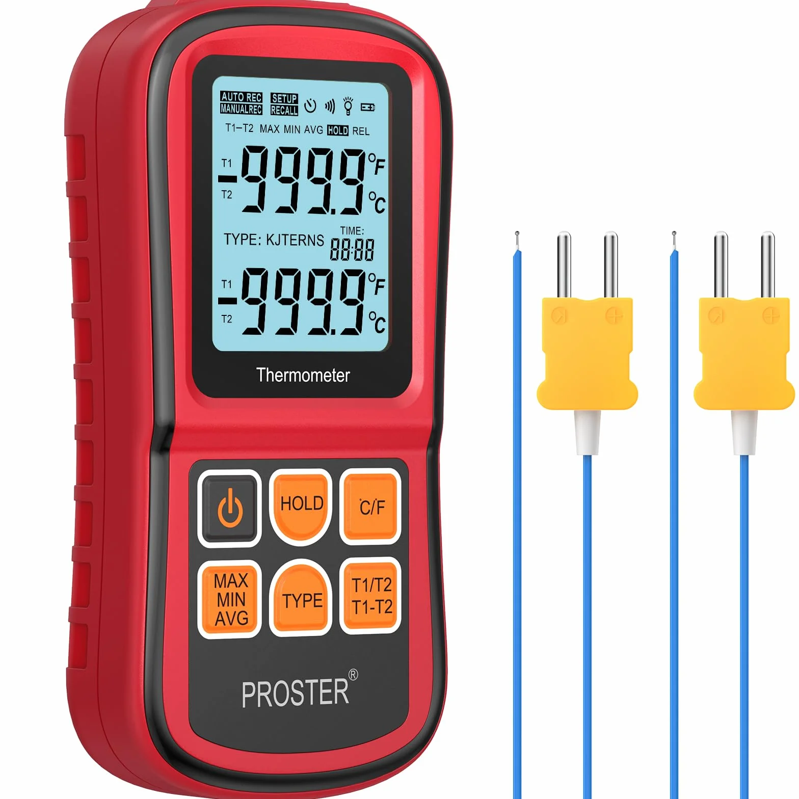 Proster Digitales Thermometer mit 2 Dual Kanal K-Typ Thermoelementen Sensor Sonde LCD Hintergrundbeleuchtung Temperaturmessgerät Temperaturmesser für Thermoelement Typen K/J/T/E/R/S/N