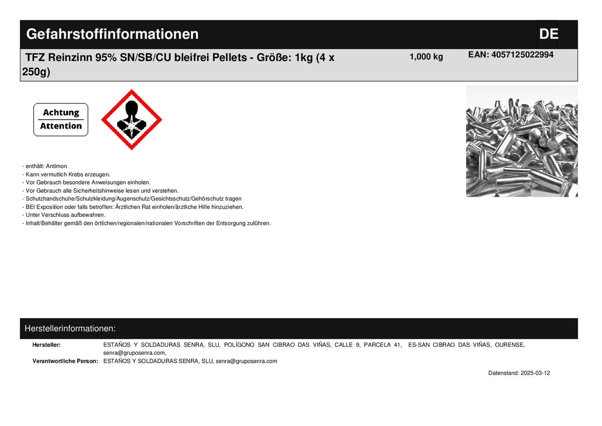 TFZ Reinzinn 95% SN/SB/CU bleifrei 4 x 250g Pellets gesamt 1kg