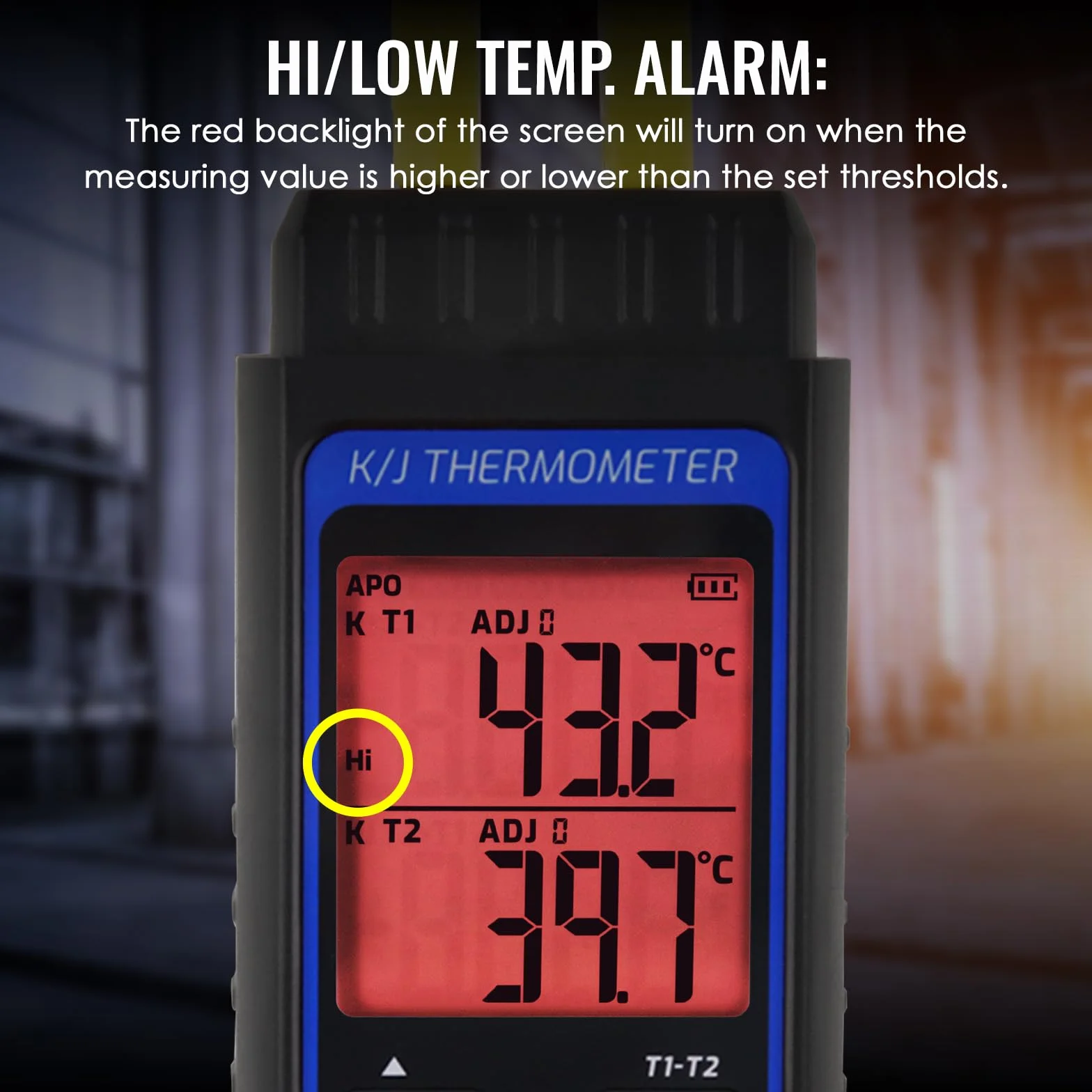 Thermoelement-Thermometer Digitales Zweikanal-Thermometer vom Typ K/J mit 4 Thermoelementen vom Typ K, -328~2501℉ Messbereich Temperaturmessgerät HVAC-Thermometer mit Alarm und ADJ-Kompensation