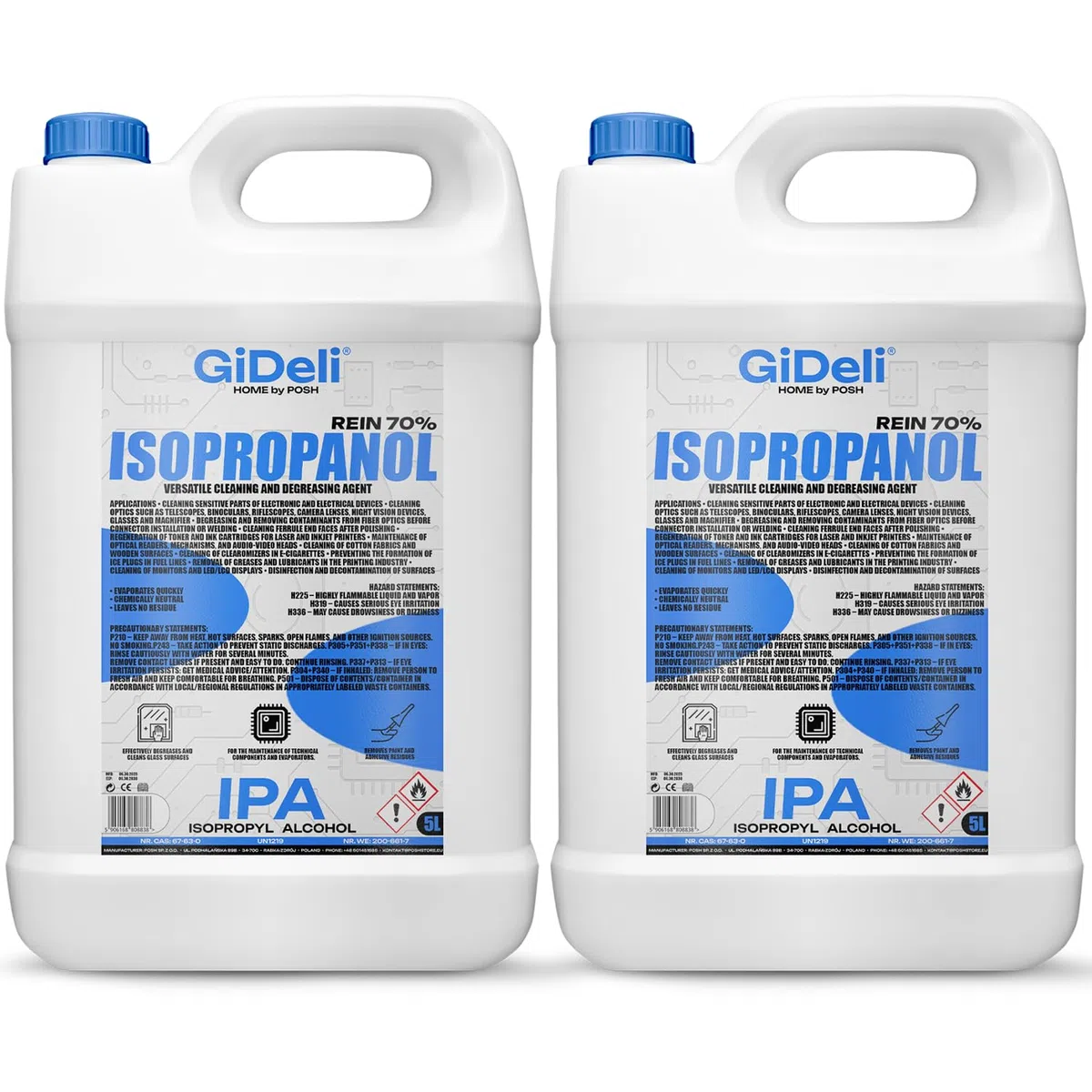 GiDeli Isopropanol 70% 2 x 5L Liter Reiniger Hochprozentiger Isopropylalkohol IPA Reinigungsalkohol für Reinigung von elektronischen Bauteilen, Linsen und Bildschirmen