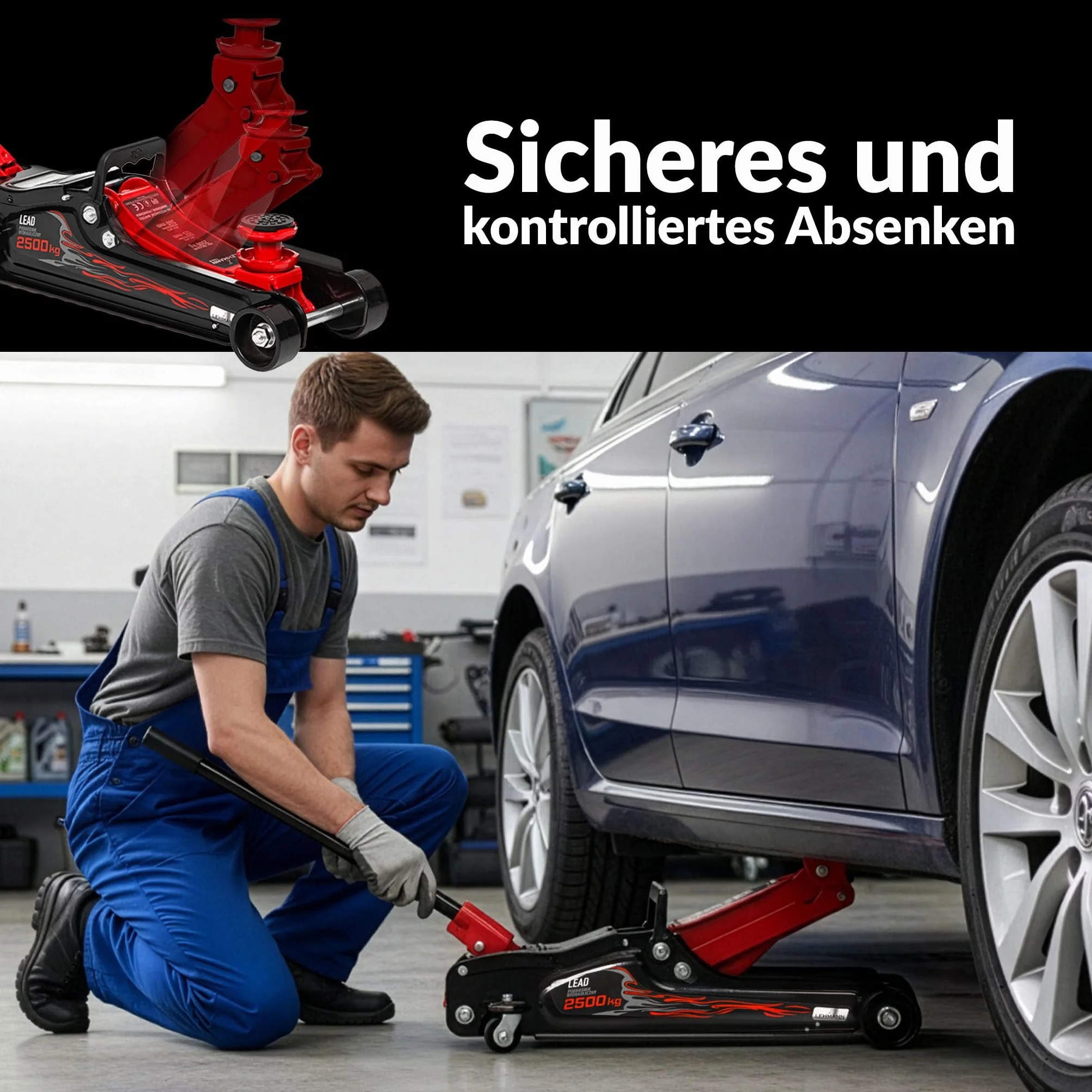 LEHMANN Hydraulischer Wagenheber 2,5T, Hubhöhe 85-360 mm, 360° Rollen, 2 Gummiauflage, Rangierwagenheber PKW & tiefergelegte Fahrzeuge, Flacher Wagenheber Hydraulisch für Reparatur & Reifenwechsel