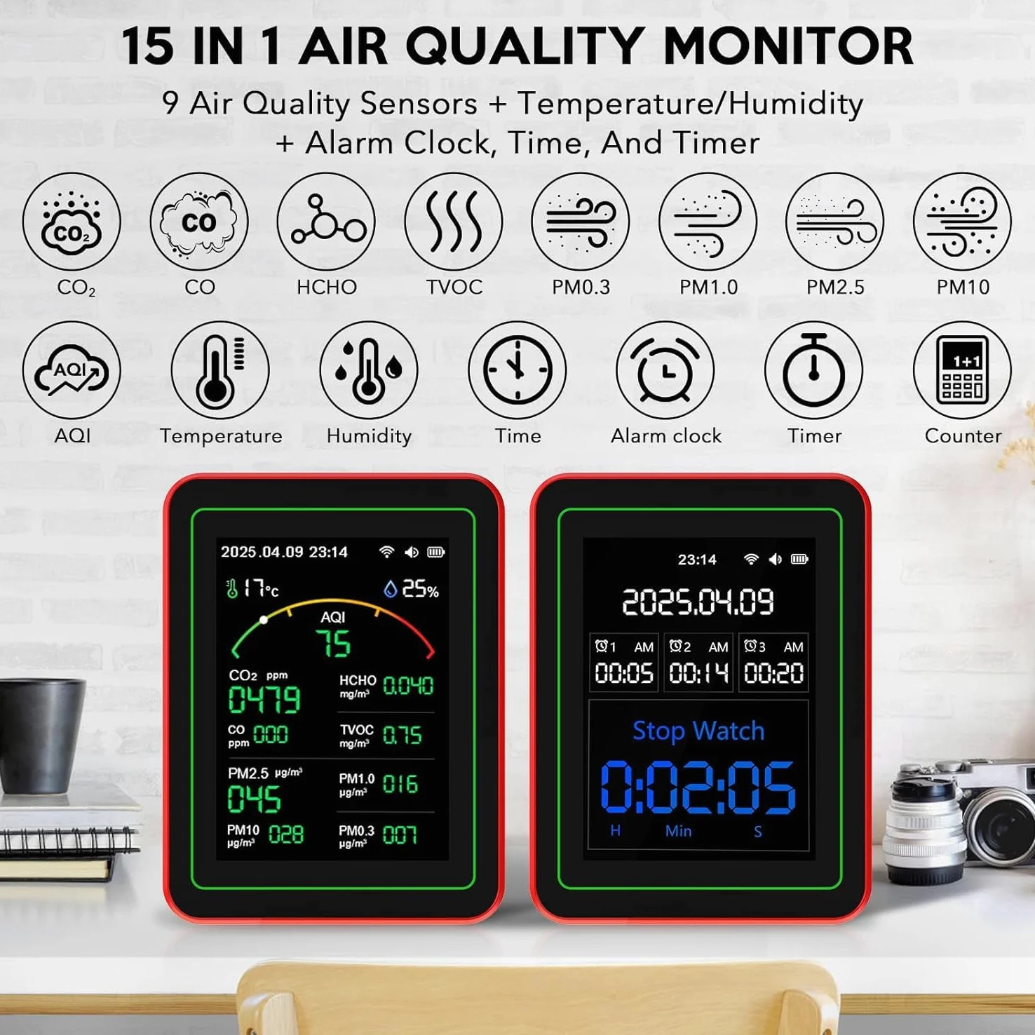 Luftqualität Messgerät Innenraum, 18-In-1 Luftqualitätsmessgerät Luftqualitätsmonitor Für CO2 TVOC HCHO PM2.5 PM10, CO2 Messgerät Formaldehyd Messgerät FeinstaubmessgeräT FüR Zuhause, BüRo,Auto