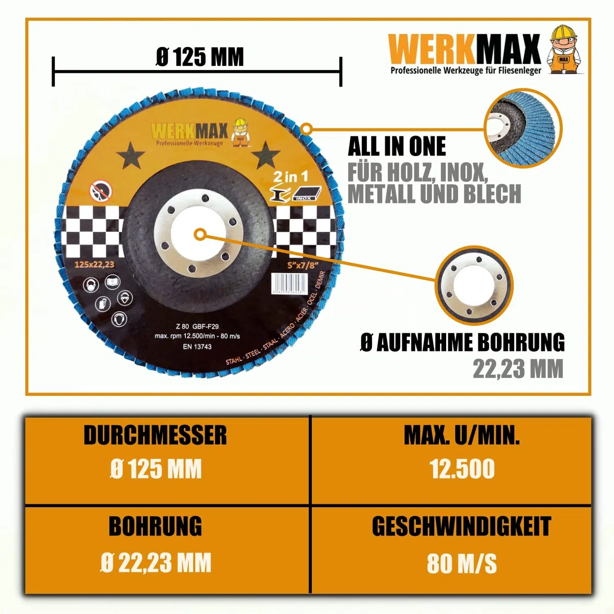Werkmax Fächerscheiben 30 Stück | 125 x 22 Korn 40 | Multi Lamellenscheiben