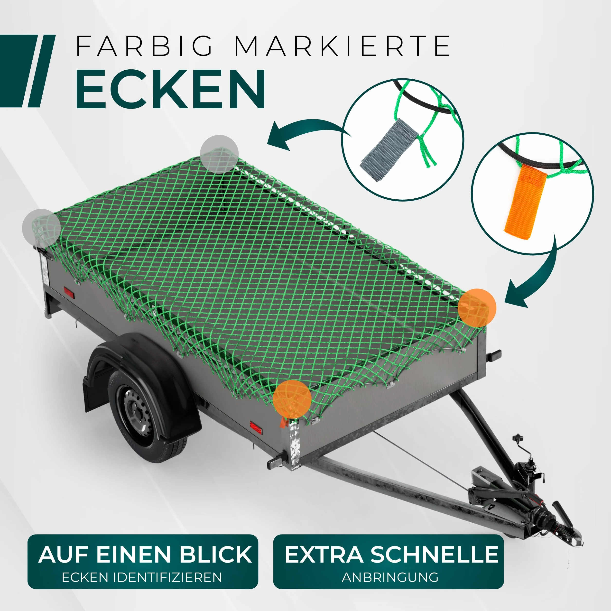 CargoVA Anhängernetz 2 * 2x3M [DEKRA Geprüft] - Ladungssicherungsnetz mit Gummiseil & Eckenmarkierung - Abdecknetz für Anhänger, Reißfest